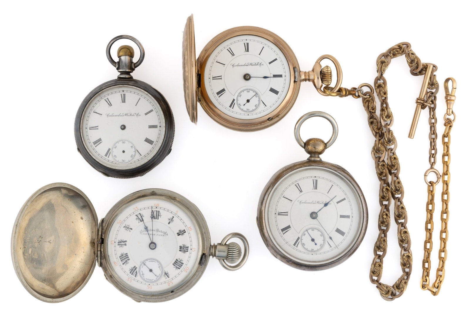 COLUMBUS 15- AND 11-JEWEL POCKET WATCHES, LOT OF FOUR: COLUMBUS 15- AND 11-JEWEL POCKET WATCHES, LOT OF FOUR, comprising two 11-jewel (serial no. 21379 and 260302), one pendant-set and one key-set movement, both have white enamel dials, Roman numeral chap
