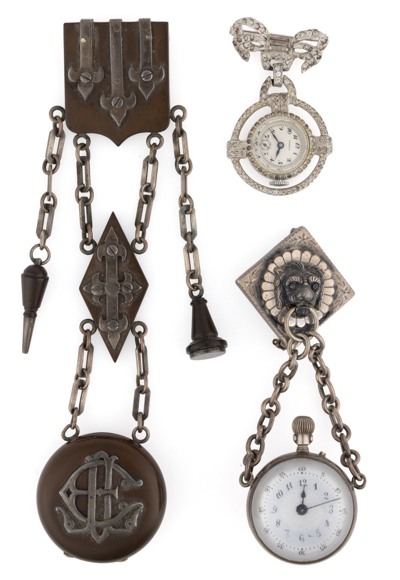 LADY'S CHATELAINE AND BROOCH/PIN POCKET WATCHES, LOT OF THREE (1 of 3)
