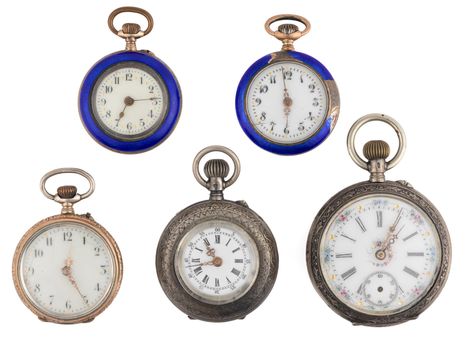 ASSORTED SWISS .800 SILVER-CASED LADY'S POCKET WATCHES, LOT OF FIVE: ASSORTED SWISS .800 SILVER-CASED LADY'S POCKET WATCHES, LOT OF FIVE, comprising (1) one pin-set movement with fancy white enamel dial with painted flowers around chapter ring and center, gold Loui