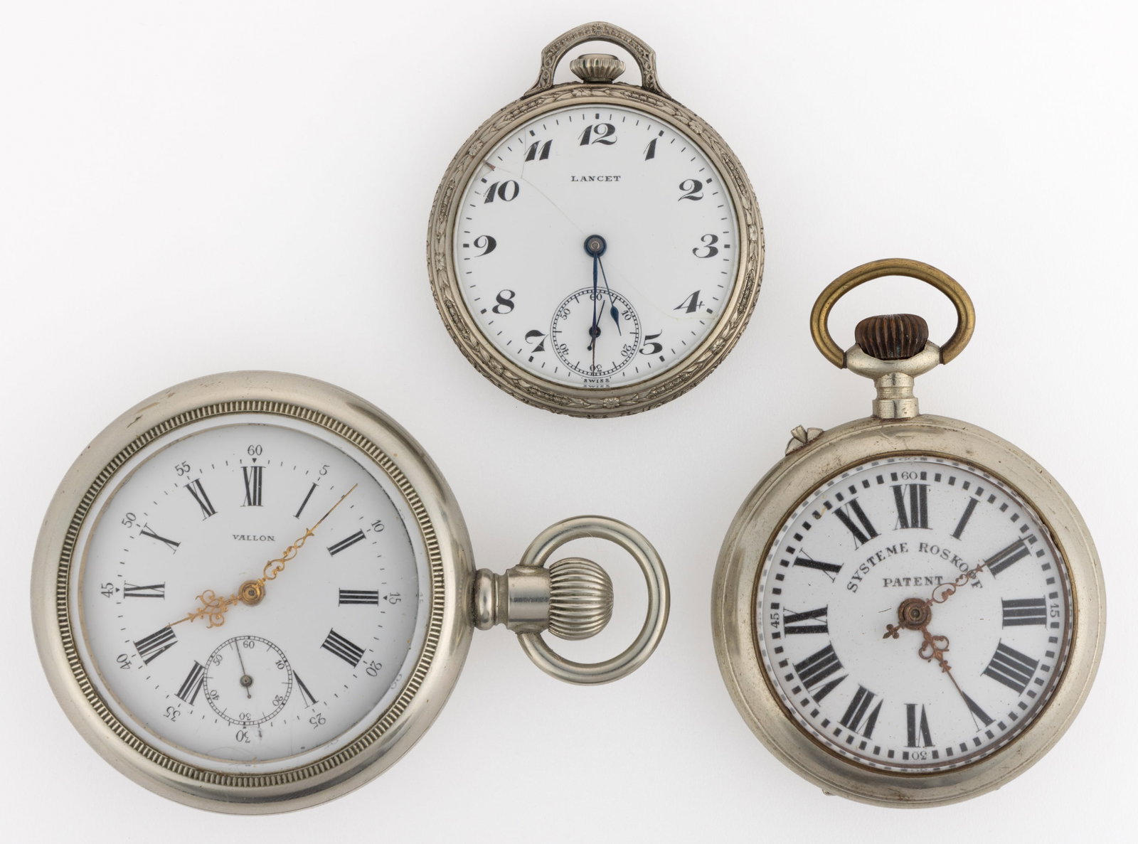 ASSORTED CONTINENTAL POCKET WATCHES, LOT OF THREE: ASSORTED CONTINENTAL POCKET WATCHES, LOT OF THREE, comprising one System Roskopf "1a" (serial no. 37789), pendant-set movement in a silver alloy open-face case; Vallon (serial no. 78369), pe