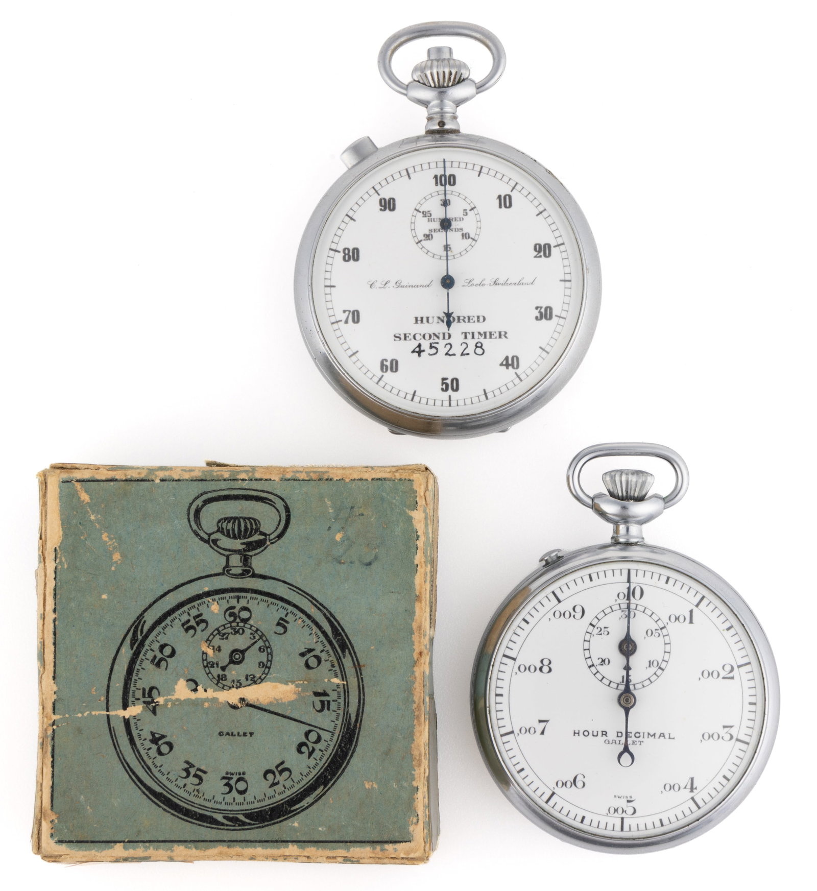 SWISS 7-JEWEL STOPWATCHES, LOT OF TWO: SWISS 7-JEWEL STOPWATCHES, LOT OF TWO, comprising one C.L. Guinard, 7-jewel split-second stopwatch, with white dial marked "C.L. Guinard/Locle Switzerland", "HUNDRED SECOND TIMER" 
