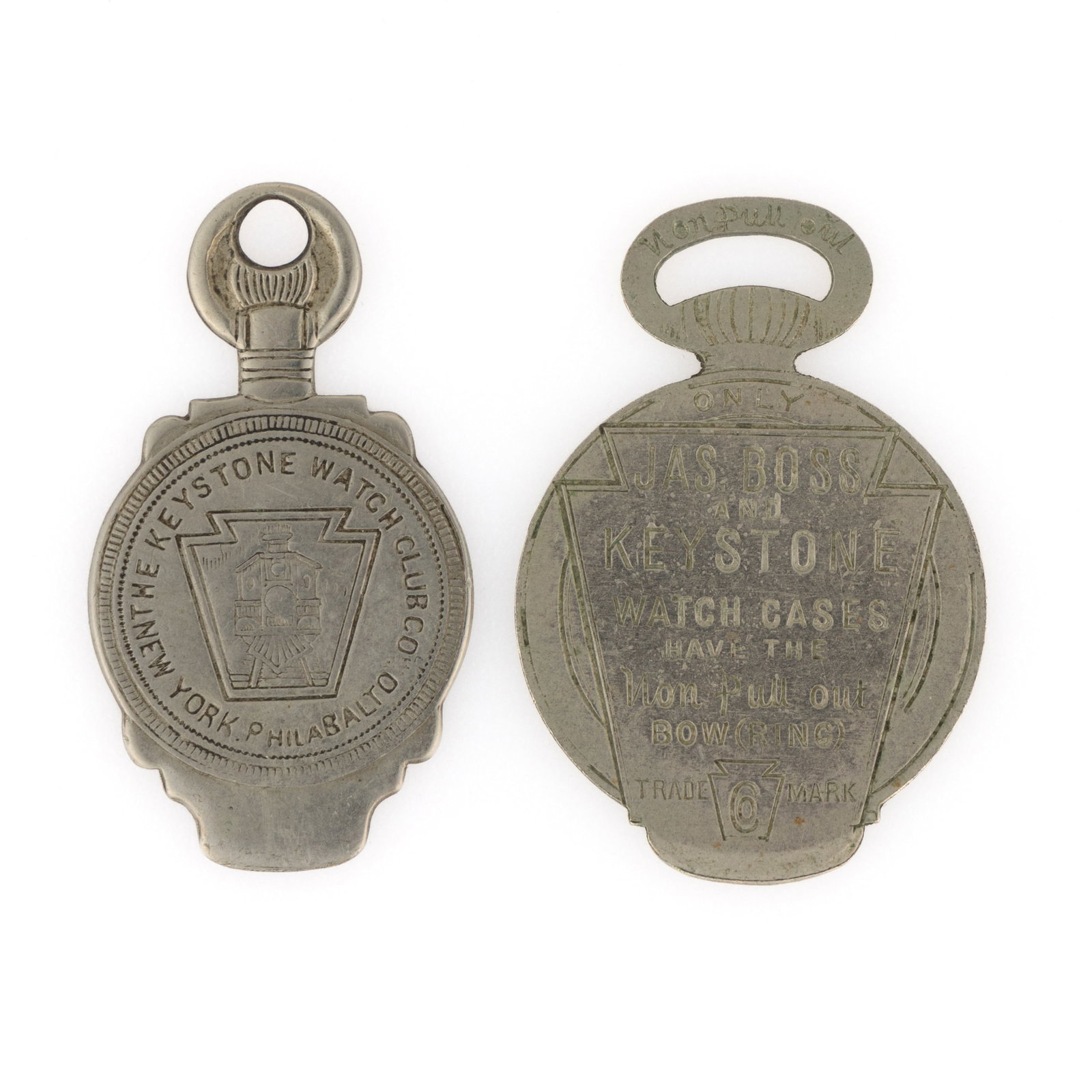 VINTAGE PROMOTIONAL STEEL KEYSTONE WATCH CASE OPENER FOBS, LOT OF TWO: VINTAGE PROMOTIONAL STEEL KEYSTONE WATCH CASE OPENER FOBS, LOT OF TWO, comprising one small fob marked on front "THE KEYSTONE WATCH CLUB CO./NEW YORK /PHILA/BALTO" and back "THE BEST WA