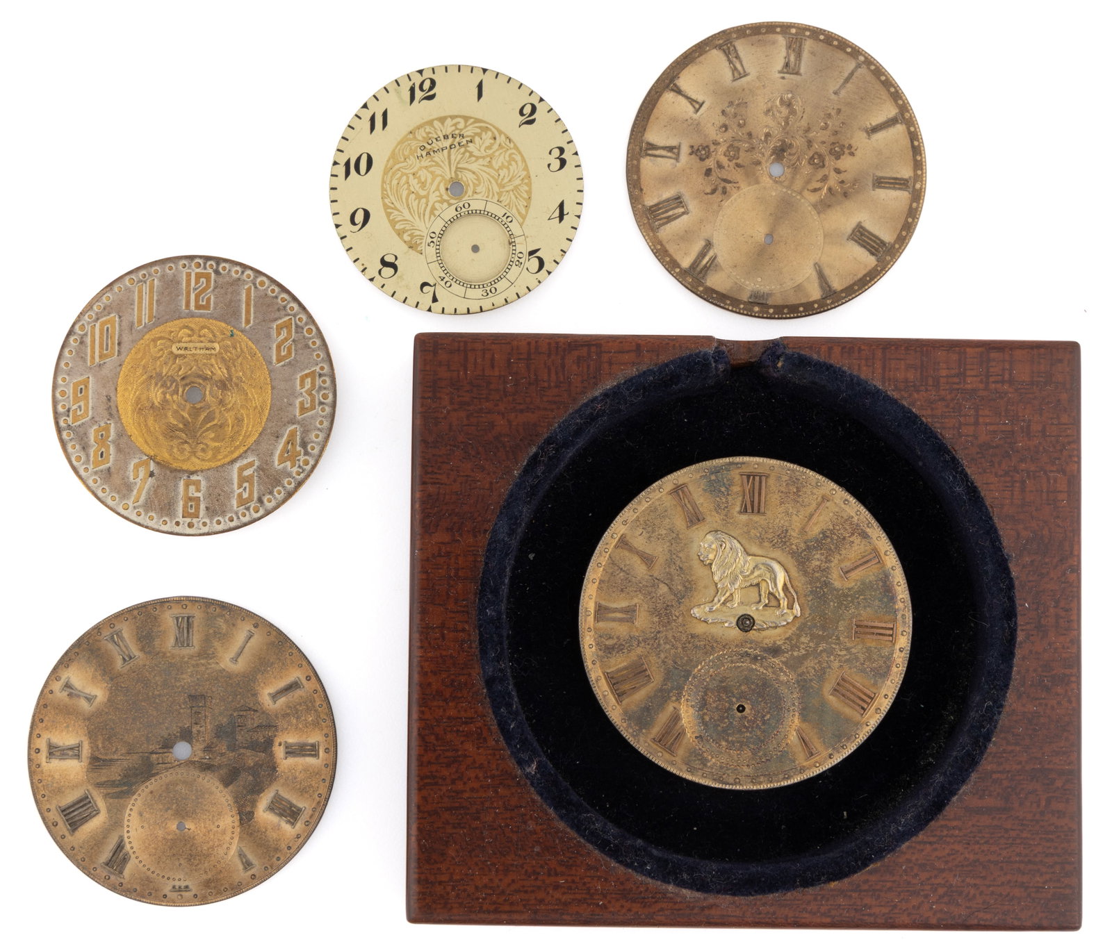 ENGINE-TURNED ENGRAVED GILT DIALS AND MOVEMENT, LOT OF FIVE (1 of 2)