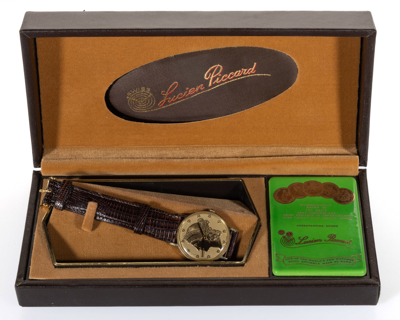 VINTAGE LUCIEN PICCARD LIBERTY COIN 14K YELLOW GOLD-CASED WRIST WATCH: VINTAGE LUCIEN PICCARD LIBERTY COIN 14K YELLOW GOLD-CASED WRIST WATCH, 17-jewels, having a gold dial with the image of the Liberty Coin, black bar hands, housed in a round 14K yellow gold case with br