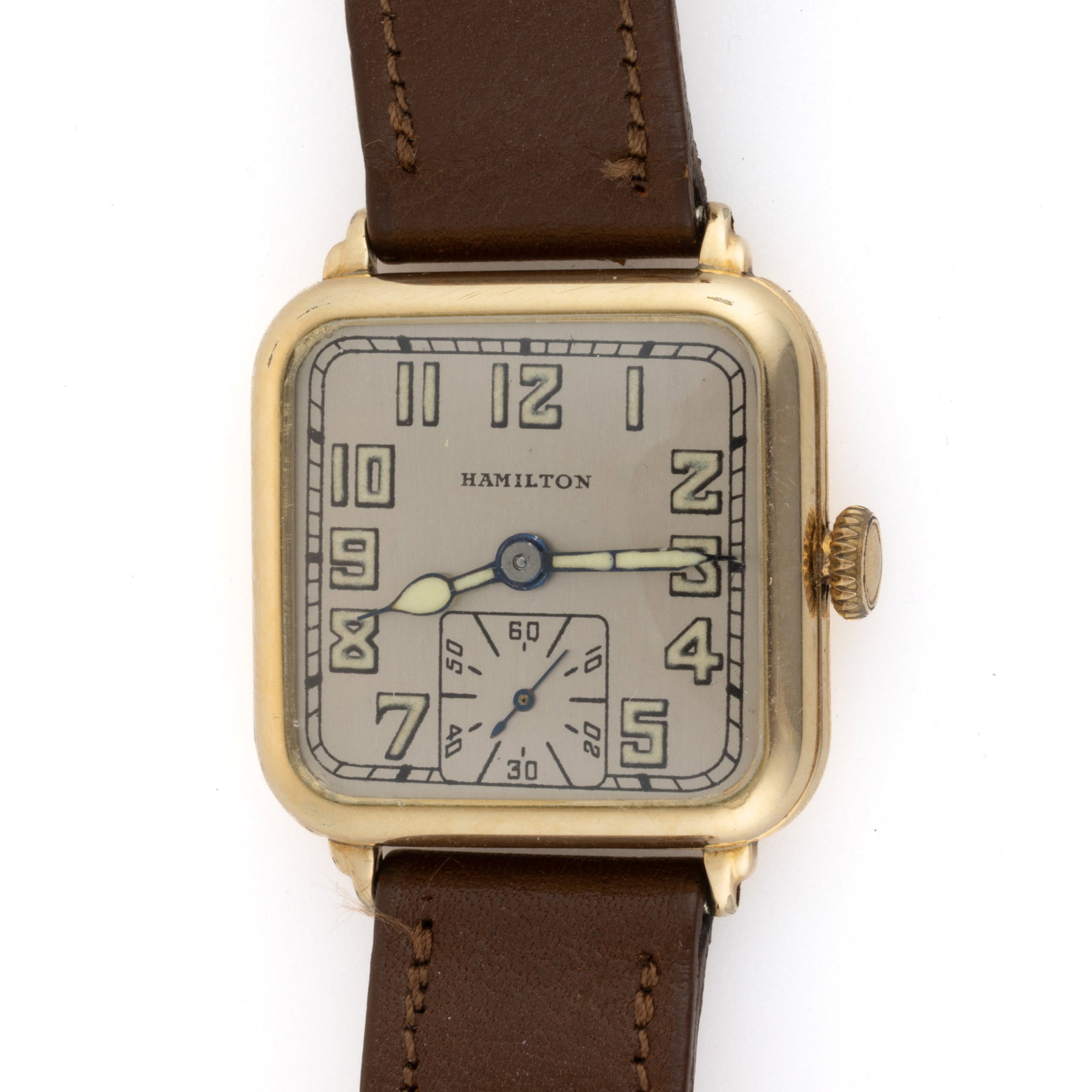 VINTAGE HAMILTON HASTINGS 14K YELLOW GOLD FILLED-CASED MEN'S WRIST WATCH: VINTAGE HAMILTON HASTINGS 14K YELLOW GOLD FILLED-CASED MEN'S WRIST WATCH, 17-jewels, size 6/0 movement, silver dial, with luminous Arabic numerals and hands, sub-dial at the 6 position, 