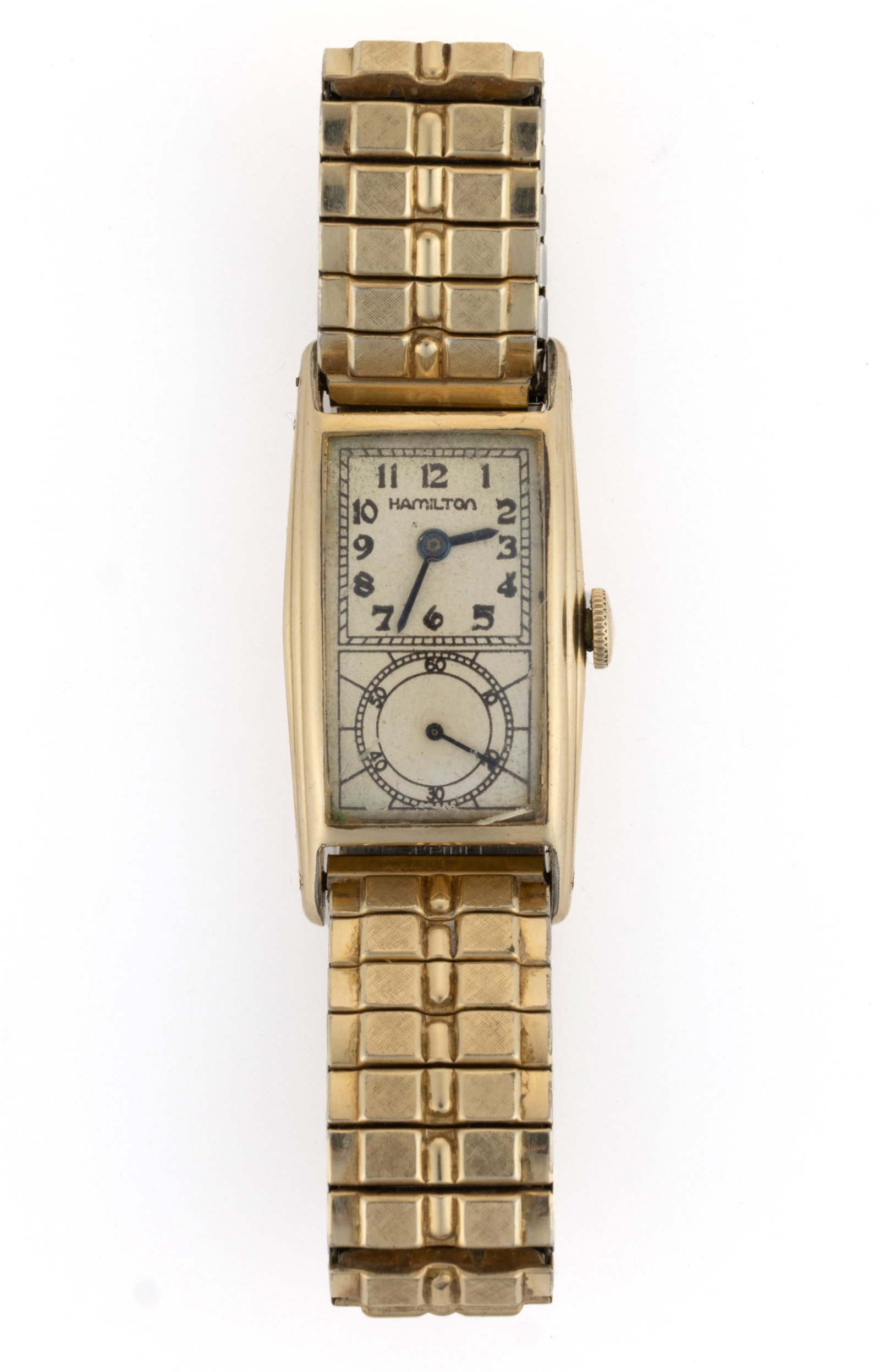 VINTAGE HAMILTON SECKRON DOCTOR'S 10K YELLOW GOLD FILLED-CASED WRIST WATCH: VINTAGE HAMILTON SECKRON DOCTOR'S 10K YELLOW GOLD FILLED-CASED WRIST WATCH, 17-jewels, Grade 980B, silver dial with black Arabic numerals, blue-steel hands, sub-dial on lower half, 