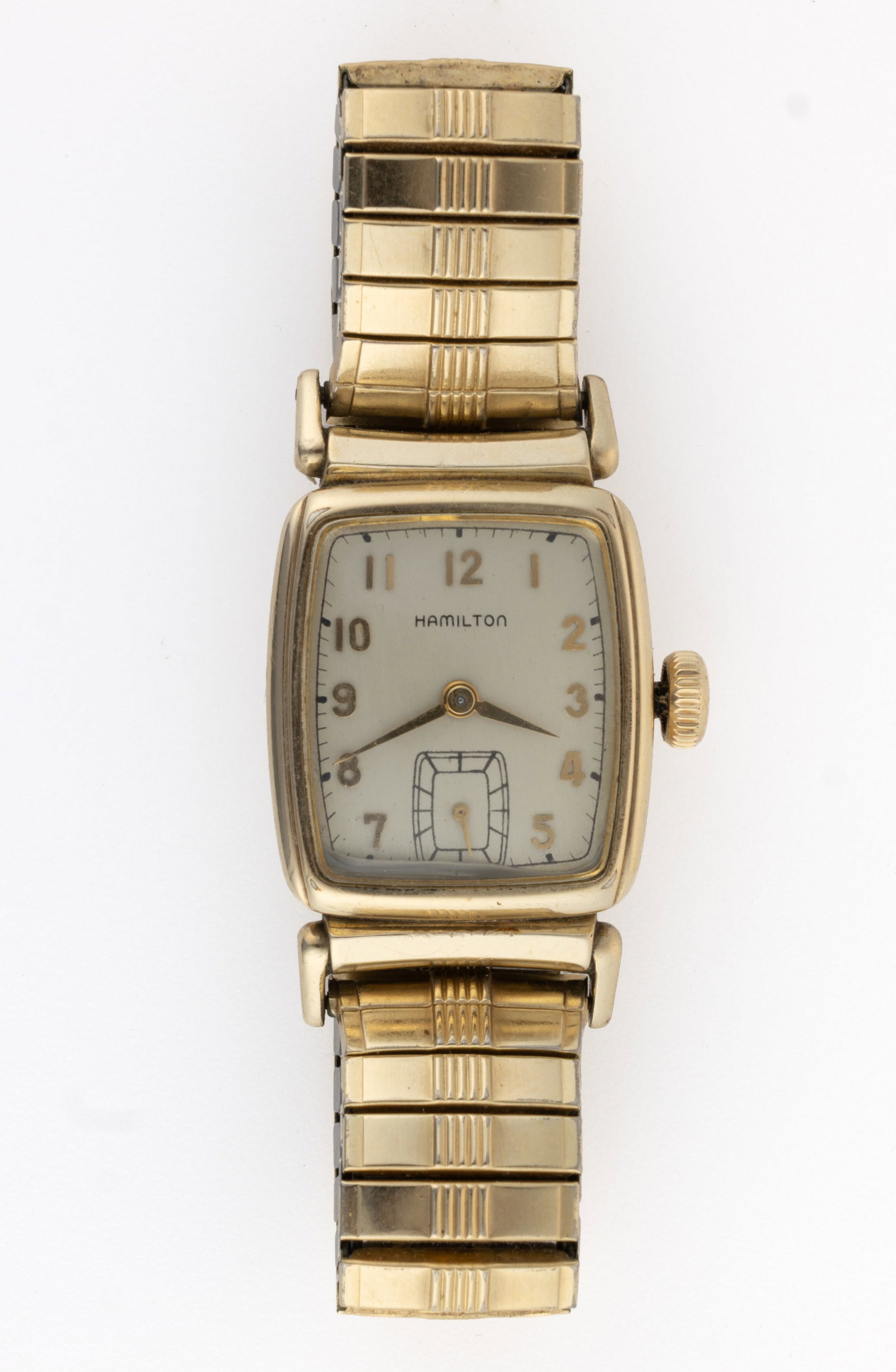 VINTAGE HAMILTON BRANDON 10K YELLOW GOLD FILLED-CASED MEN'S WRIST WATCH: VINTAGE HAMILTON BRANDON 10K YELLOW GOLD FILLED-CASED MEN'S WRIST WATCH, 17 jewels, 14/0, 980 movement, butler-finished silver dial, with 18K gold Arabic numerals, sub-dial at the 6 position,