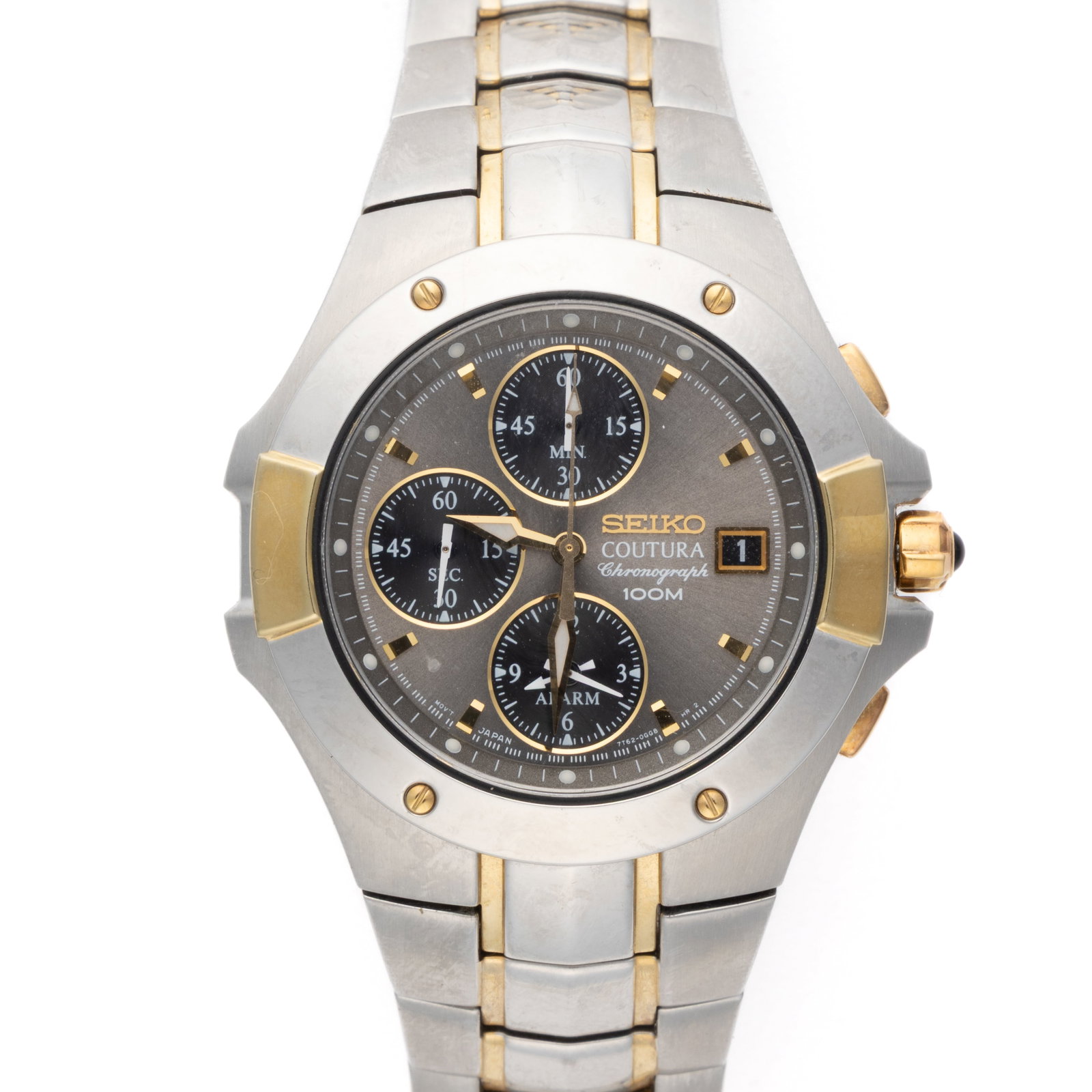 VINTAGE SEIKO COUTURA CHRONOGRAPH MEN'S WRIST WATCH: VINTAGE SEIKO COUTURA CHRONOGRAPH MEN'S WRIST WATCH, silver-grey dial with bar and luminous dot indices with date aperture at 3 position, three sub-dials, two pushers, and a gold crown with two-to