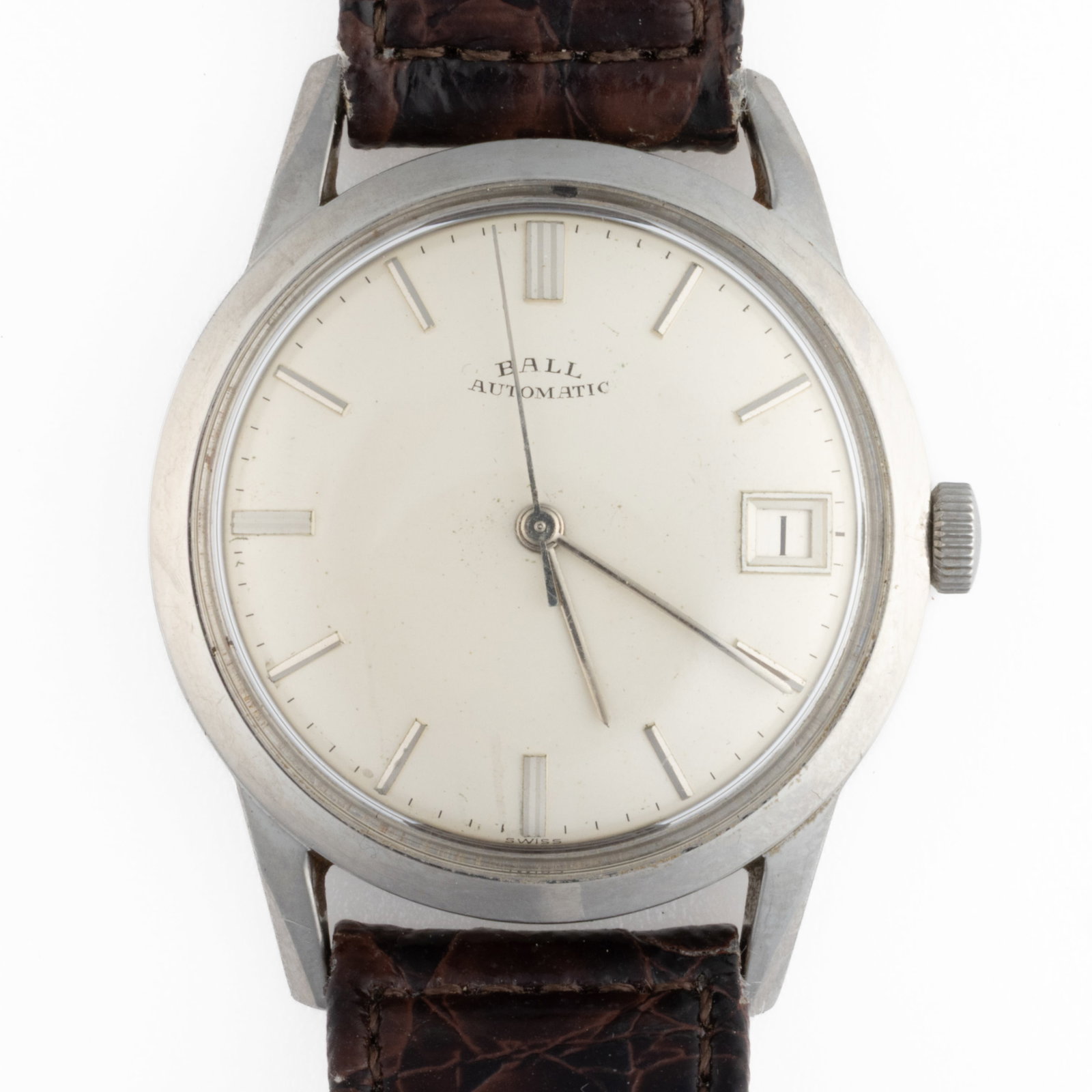 VINTAGE BALL AUTOMATIC MEN'S WRIST WATCH: VINTAGE BALL AUTOMATIC MEN'S WRIST WATCH, silver dial with silver bar indices with date aperture at 3 position, housed in a round stainless steel case with brown leather strap. Dial marked "B
