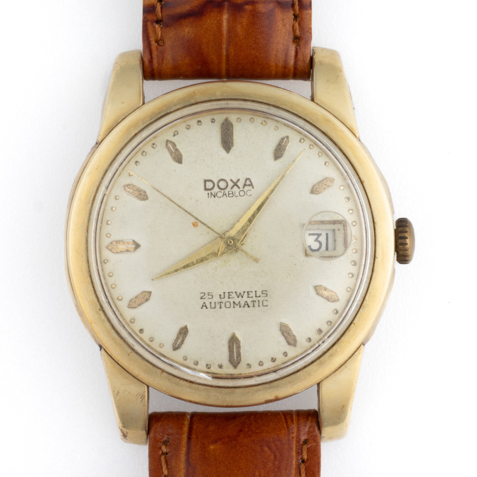 VINTAGE DOXA INCABLOC AUTOMATIC MEN'S WRIST WATCH: VINTAGE DOXA INCABLOC AUTOMATIC MEN'S WRIST WATCH, 25-jewels, gold-tone dial with gold bar indices, date aperture at 3 position with magnifier, housed in round gold-tone stainless steel case with 