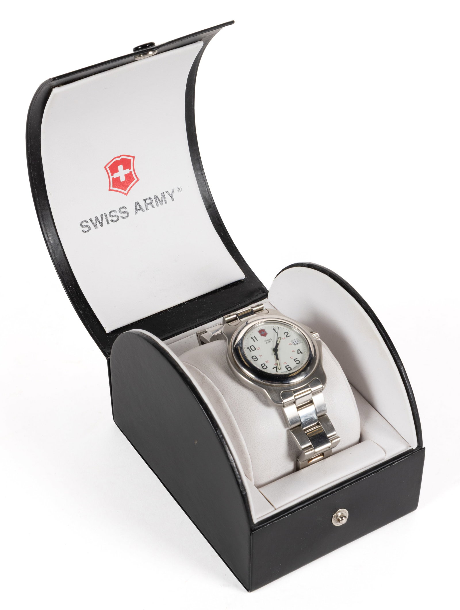 SWISS ARMY VICTORINOX ARMY OFFICER WRIST WATCH: SWISS ARMY VICTORINOX ARMY OFFICER WRIST WATCH, quartz movement with white dial, Arabic numeral chapter ring, date aperture at the 3 position, luminous baton hands housed in a stainless-steel case wit