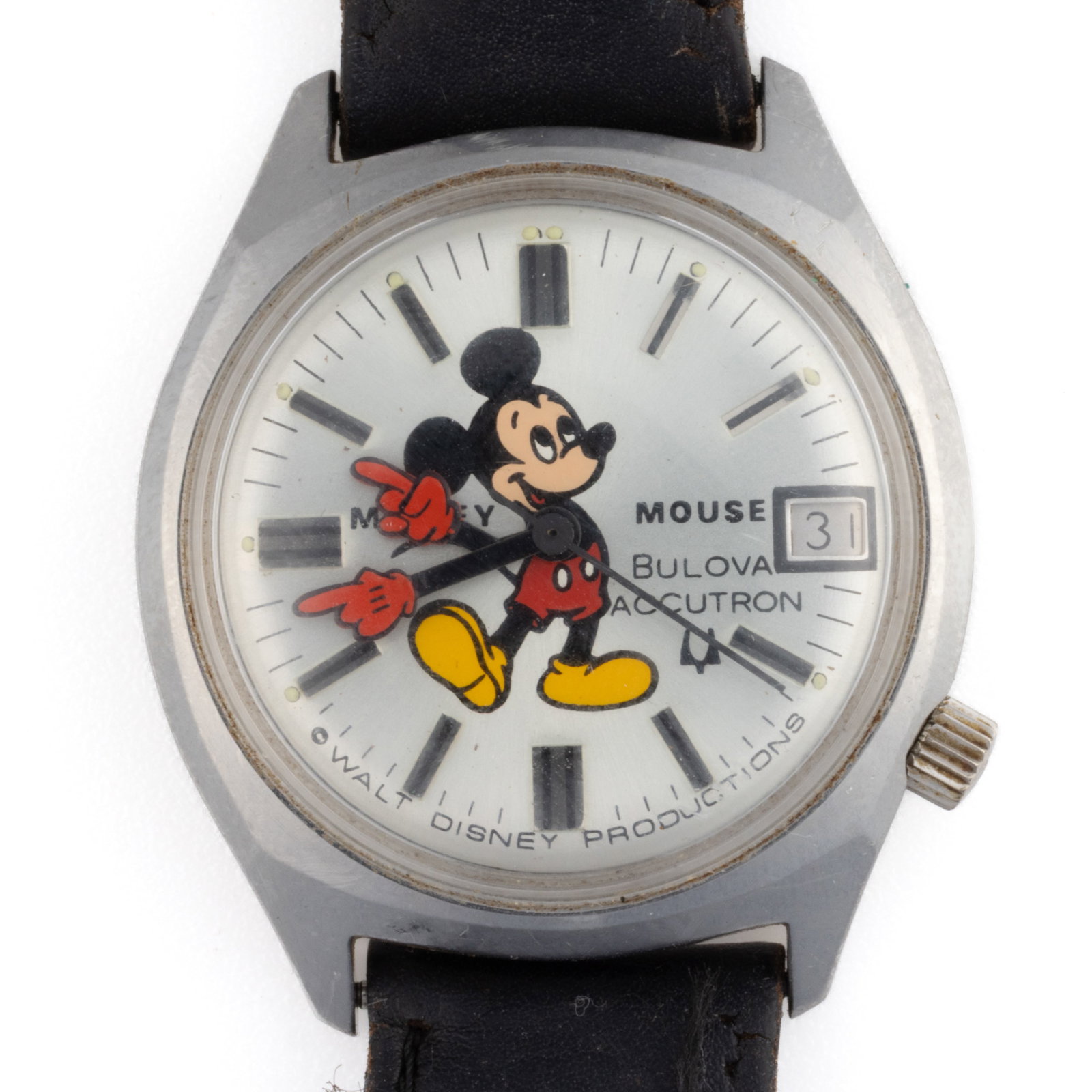 VINTAGE MICKEY MOUSE BULOVA ACCUTRON WRIST WATCH: VINTAGE MICKEY MOUSE BULOVA ACCUTRON WRIST WATCH, silver dial with black and silver bar indices, date aperture at 3 position, housed in a round stainless steel case with a brown leather strap. Dial ma