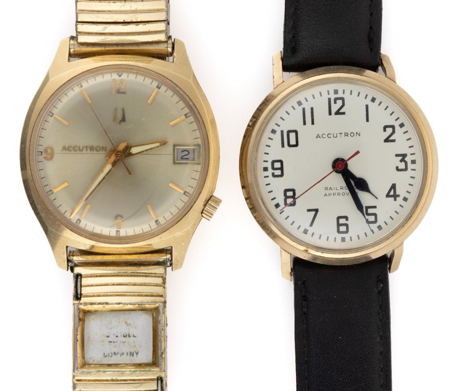 VINTAGE BULOVA GOLD-FILLED ACCUTRON MEN'S WRIST WATCHES, LOT OF TWO: VINTAGE BULOVA GOLD-FILLED ACCUTRON MEN'S WRIST WATCHES, LOT OF TWO, comprising one 1964 with a white dial, black Arabic numerals, blue-steel hands, 10K yellow-gold filled bezel housed in a stainl