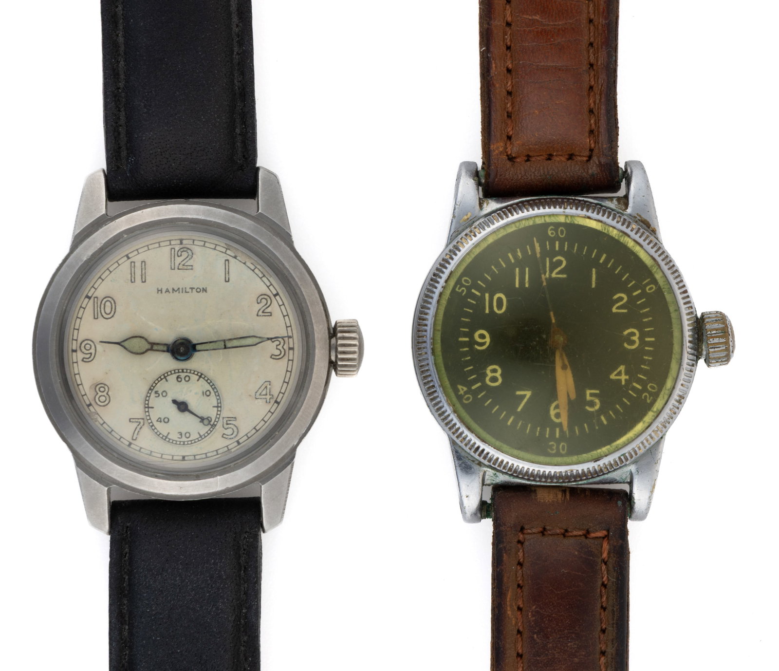VINTAGE HAMILTON AND WALTHAM MILITARY WRIST WATCHES, LOT OF TWO: VINTAGE HAMILTON AND WALTHAM MILITARY WRIST WATCHES, LOT OF TWO, including a Hamilton Model 747, 17-jewels, white dial with white Arabic numerals, sub-dial in 6 position, with radium-painted hands and