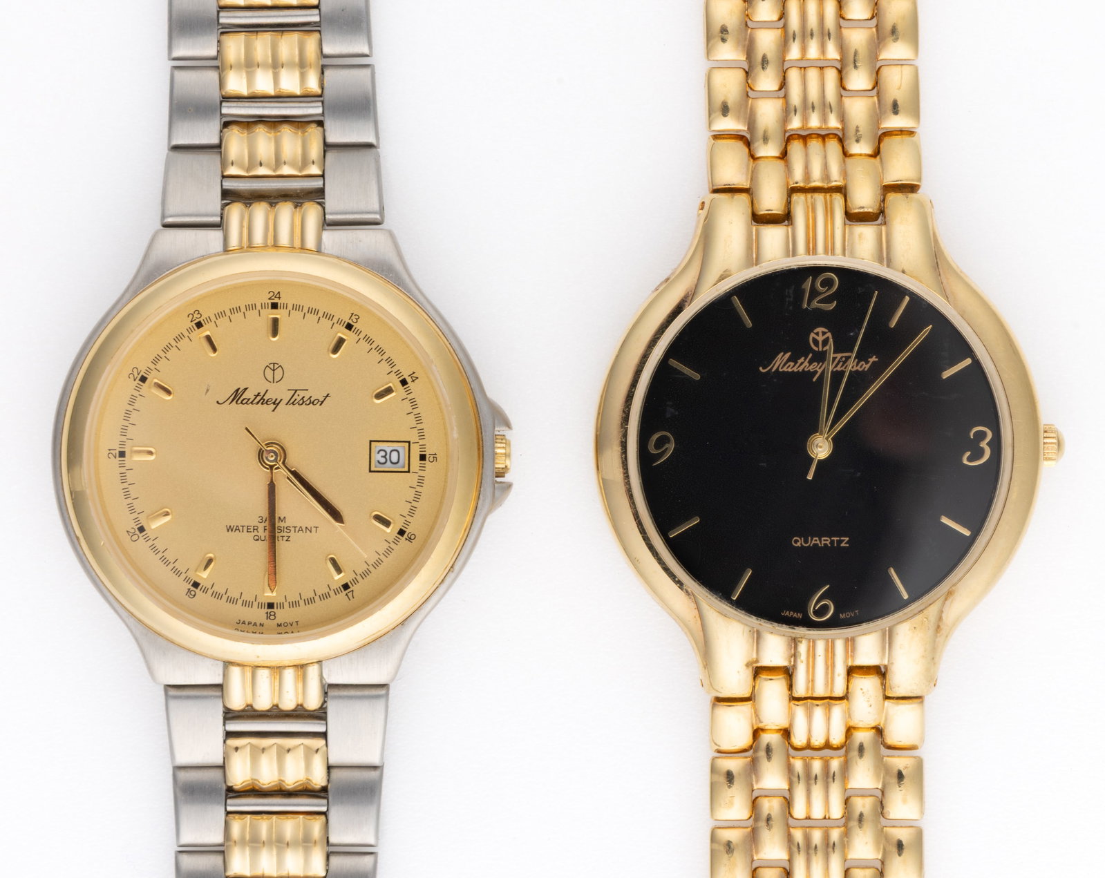VINTAGE MATHEY TISSOT UNISEX WRIST WATCHES, LOT OF TWO: VINTAGE MATHEY TISSOT UNISEX WRIST WATCHES, LOT OF TWO, comprising one with a gold-colored dial, gold bar indices, and date aperture at 3 position housed in a round stainless steel case with gold-colo