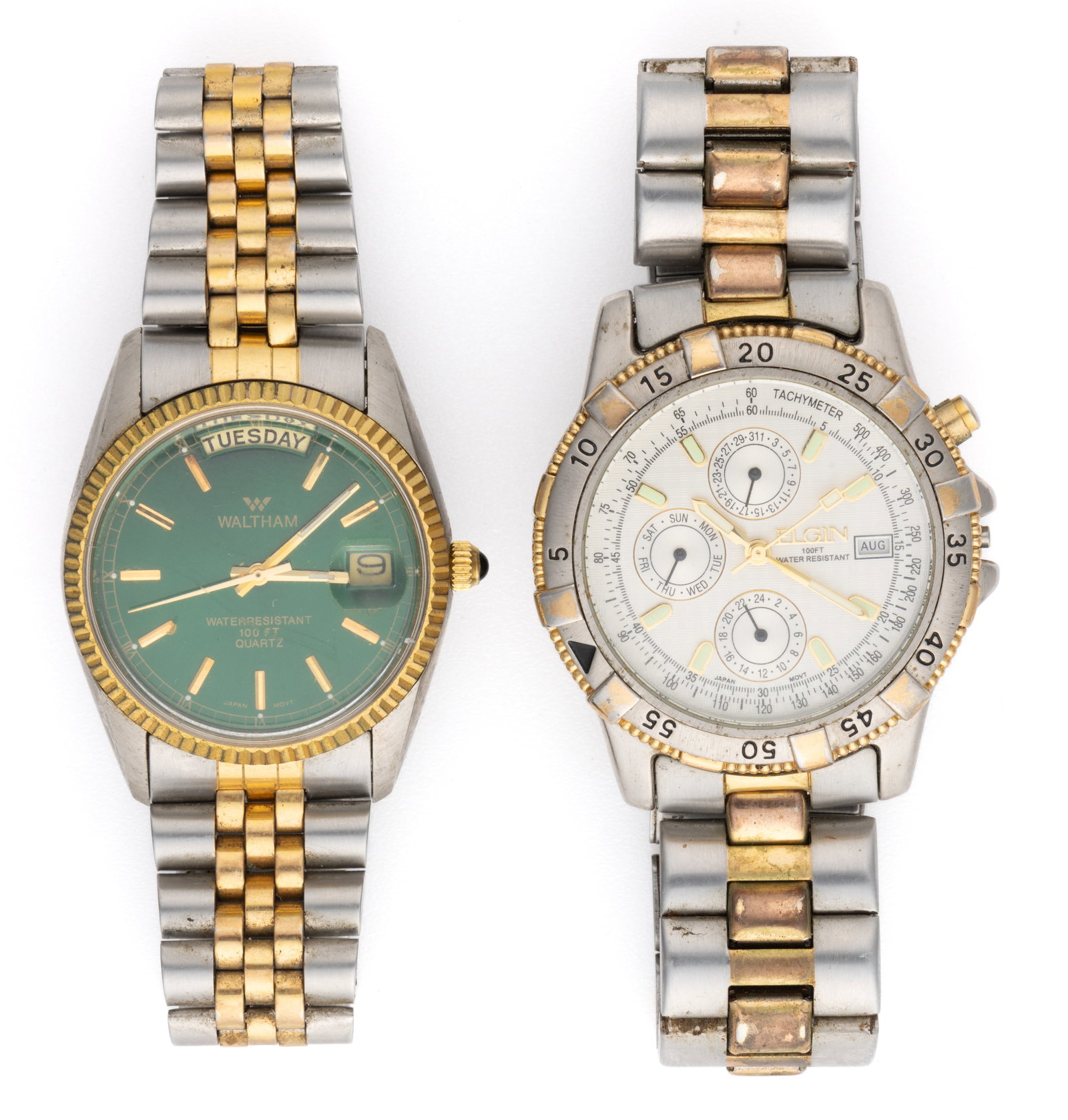 VINTAGE ELGIN AND WALTHAM MEN'S WRIST WATCHES, LOT OF TWO: VINTAGE ELGIN AND WALTHAM MEN'S WRIST WATCHES, LOT OF TWO, comprising one Elgin "Tachymeter" FS321B Two Tone Chronograph, with textured silver dial, luminous bar indices, three sub-dials