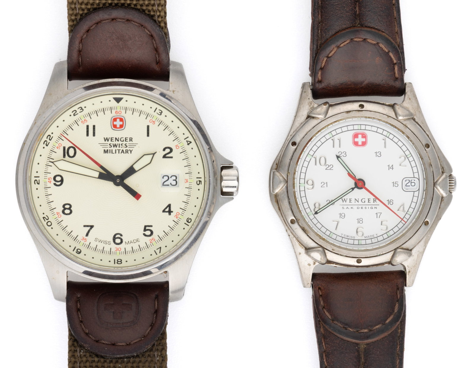 WEGNER SWISS MILITARY MEN'S WRIST WATCHES, LOT OF TWO: WEGNER SWISS MILITARY MEN'S WRIST WATCHES, LOT OF TWO, comprising a Terragraph 79103 Field watch with off-white dial, Arabic numerals, 60-second/minute track scale, military time, date aperture wi