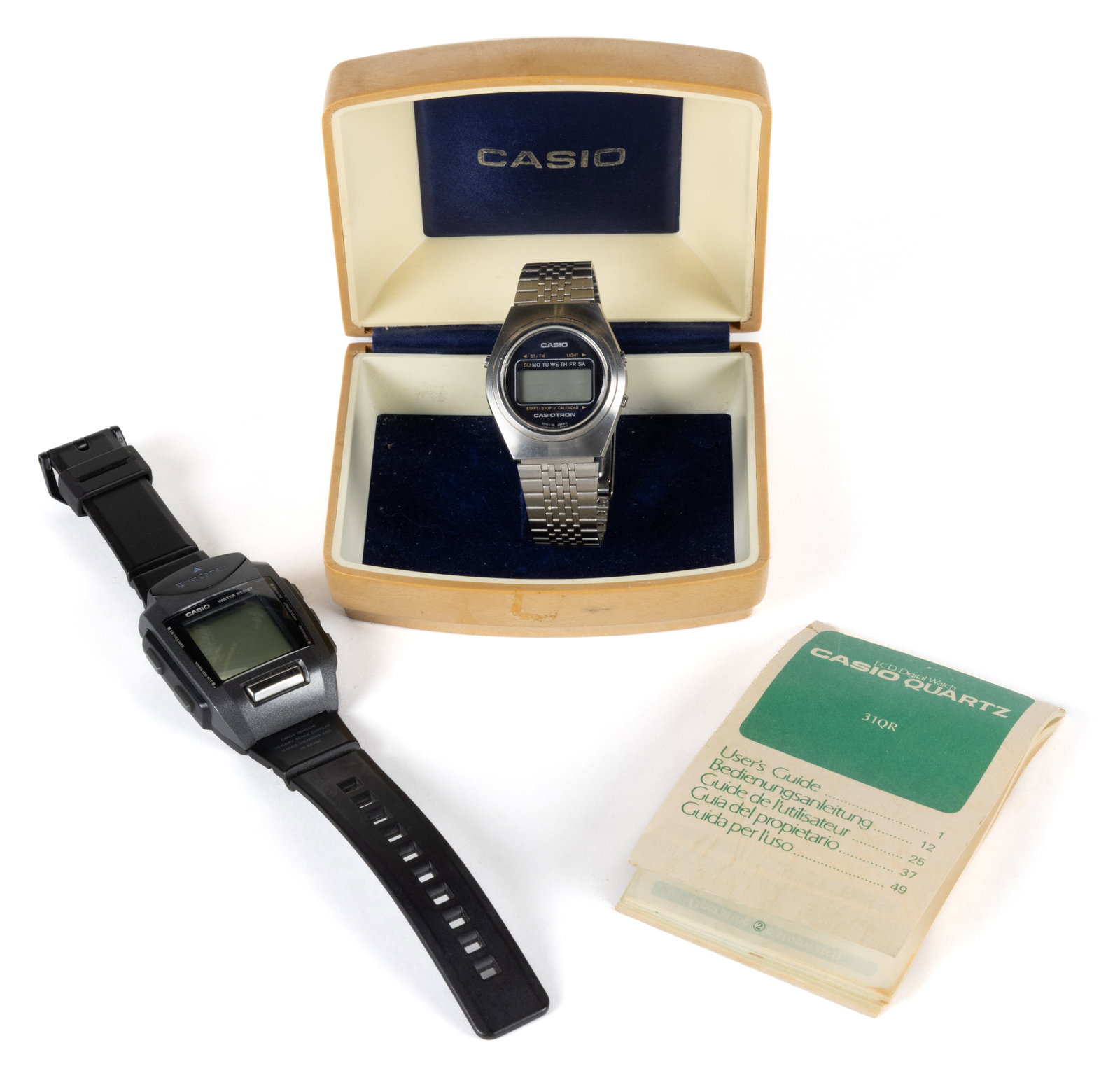 VINTAGE CASIO UNISEX WRIST WATCHES, LOT OF TWO: VINTAGE CASIO UNISEX WRIST WATCHES, LOT OF TWO, comprising one Casio Wrist Camera WQV-1, released in 2000, it was the first wrist watch equipped with digital camera (only b/w and grayscale), with lens