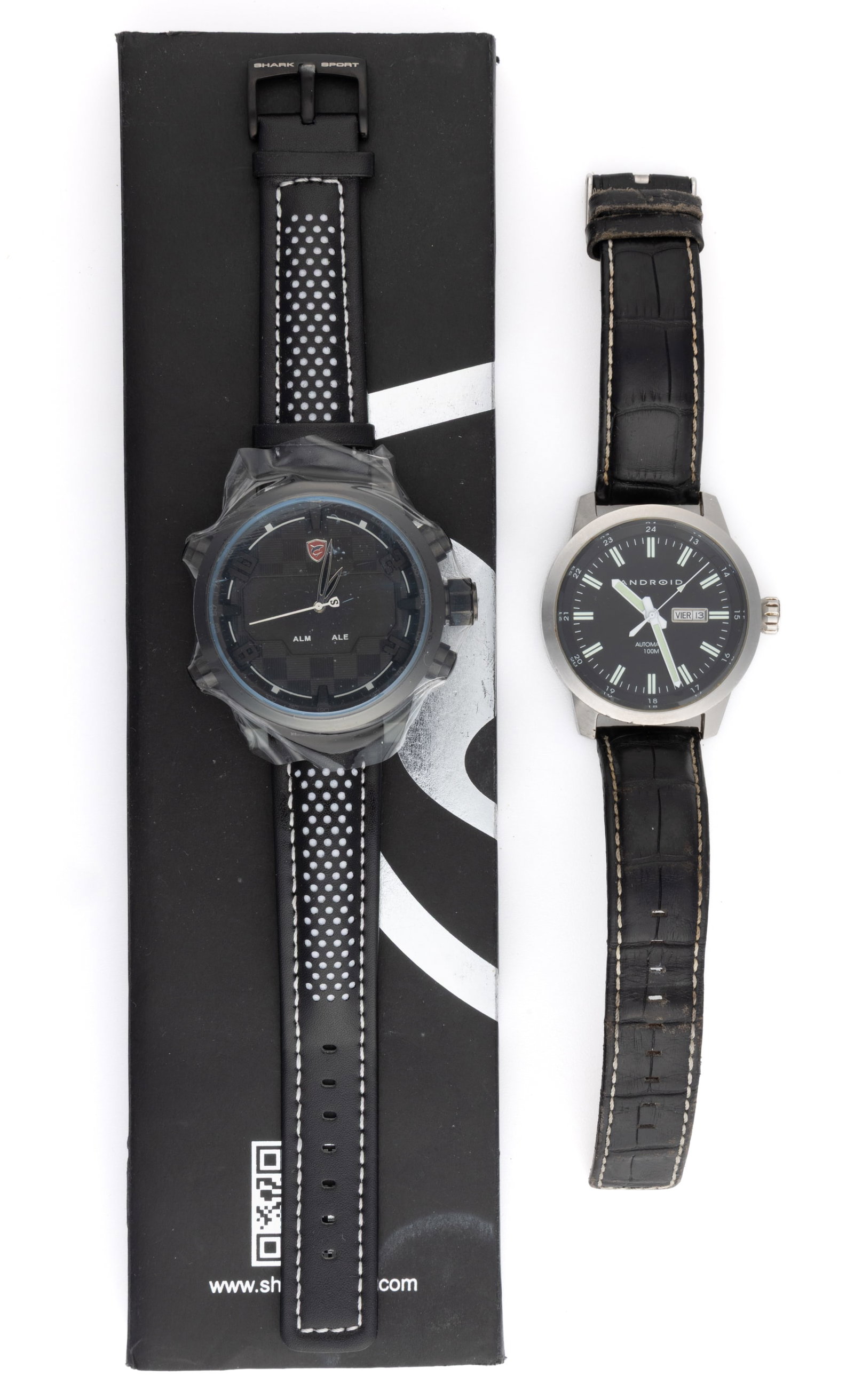CONTEMPORARY MEN'S SPORT WRIST WATCHES, LOT OF TWO: CONTEMPORARY MEN'S SPORT WRIST WATCHES, LOT OF TWO, comprising an Android 21-jewel with black dial, luminous bar indices and hands, day/date aperture at 3 position in a round stainless steel case 