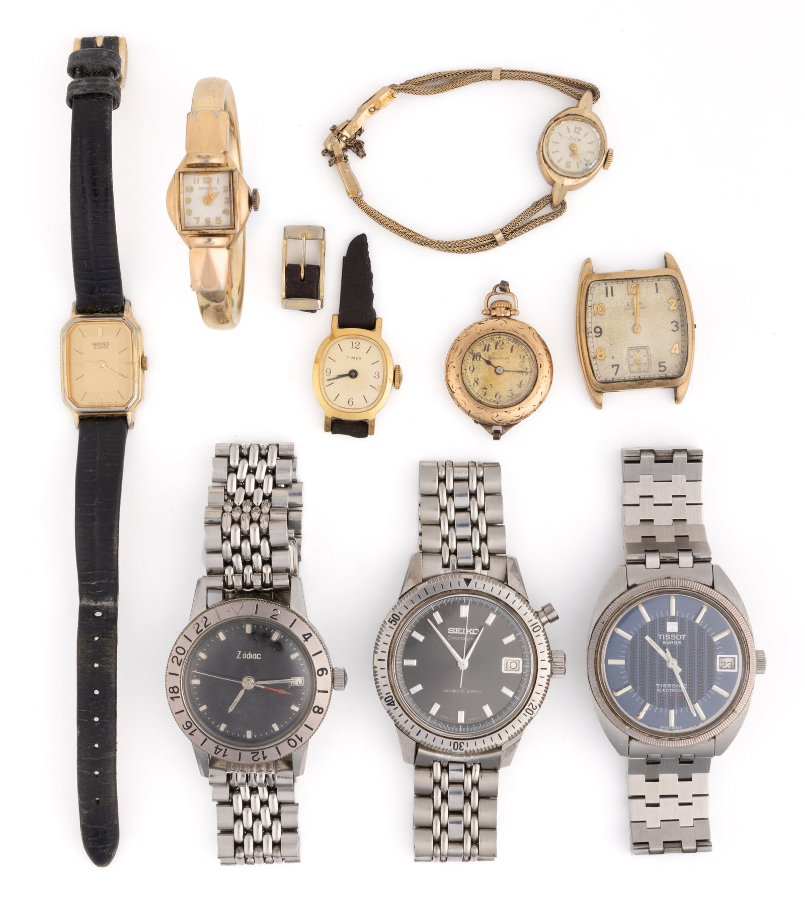ANTIQUE / VINTAGE GOLD-FILLED AND OTHER LADY'S AND MEN'S PENDANT AND WRIST WATCHES, LOT OF NINE: ANTIQUE / VINTAGE GOLD-FILLED AND OTHER LADY'S AND MEN'S PENDANT AND WRIST WATCHES, LOT OF NINE, comprising one Hallmark 16-jewel gold-filled pendant watch; and remainder being wrist watches, 