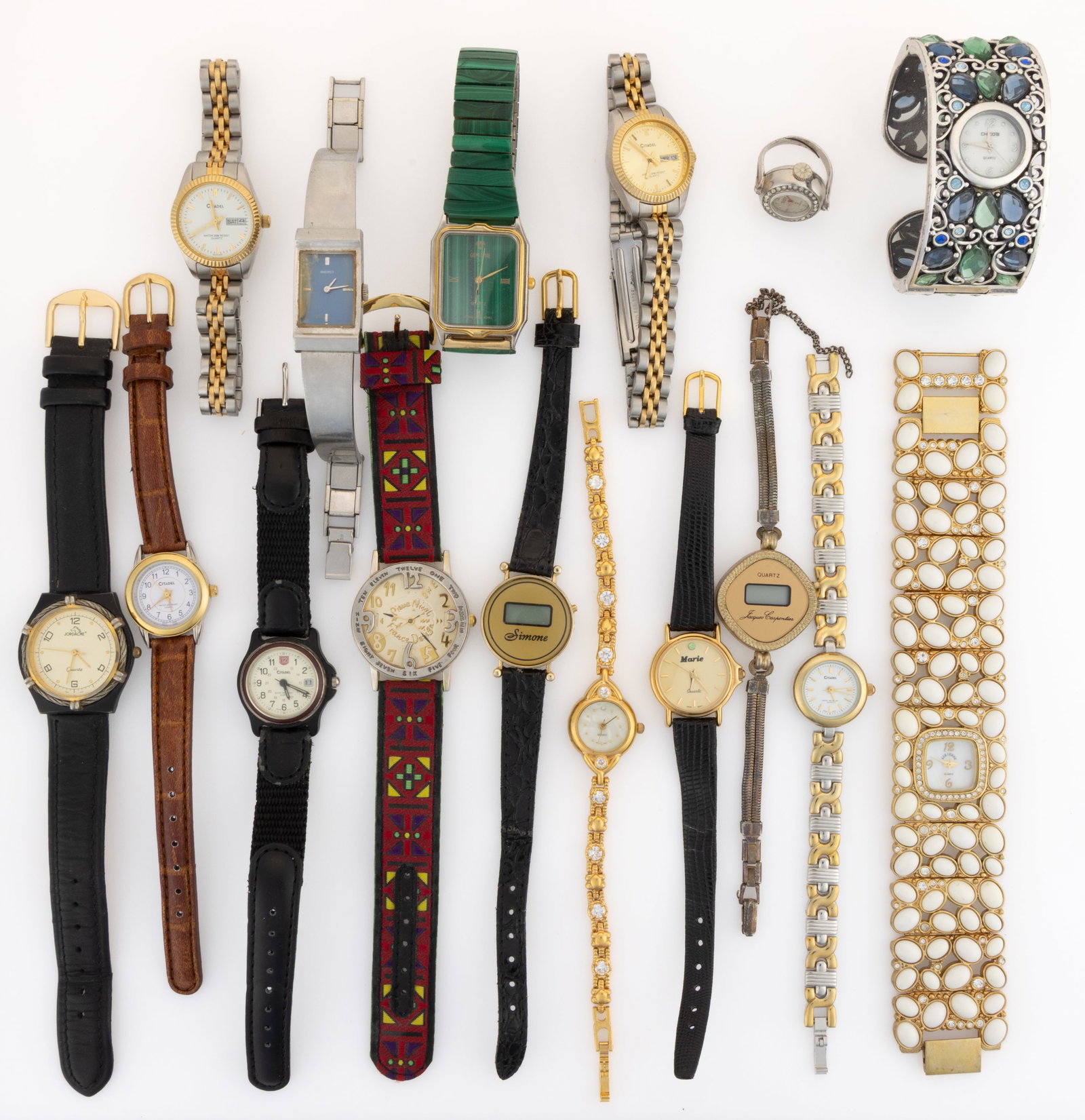 ASSORTED CONTEMPORARY LADIES WRIST WATCHES, LOT OF 16: ASSORTED CONTEMPORARY LADIES' WRIST WATCHES, LOT OF 16, including five Citadels, Gemtime Green Stone, cocktail ring watch, Pierre Nicol with Aztec-style strap, Adrienne Vittadini, Chico's, and