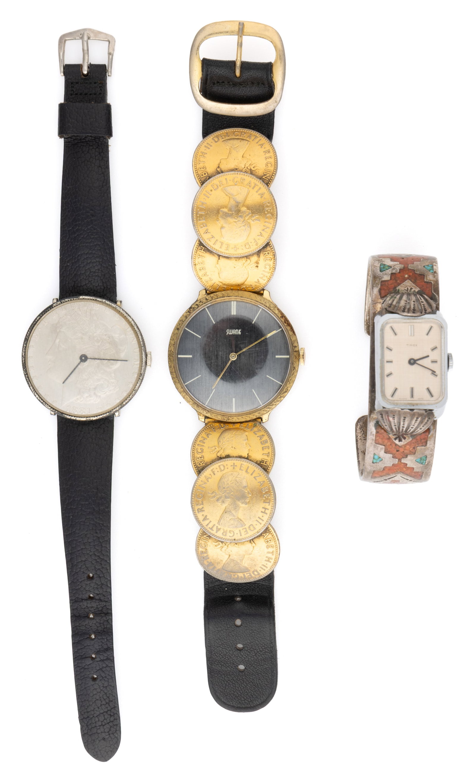ASSORTED VINTAGE ARTISTIC WRIST WATCHES, LOT OF THREE: ASSORTED VINTAGE ARTISTIC WRIST WATCHES, LOT OF THREE, comprising one Timex 50070 2372 with a silver face, silver bar indices in a square stainless steel case attached to a silver cuff bracelet with c