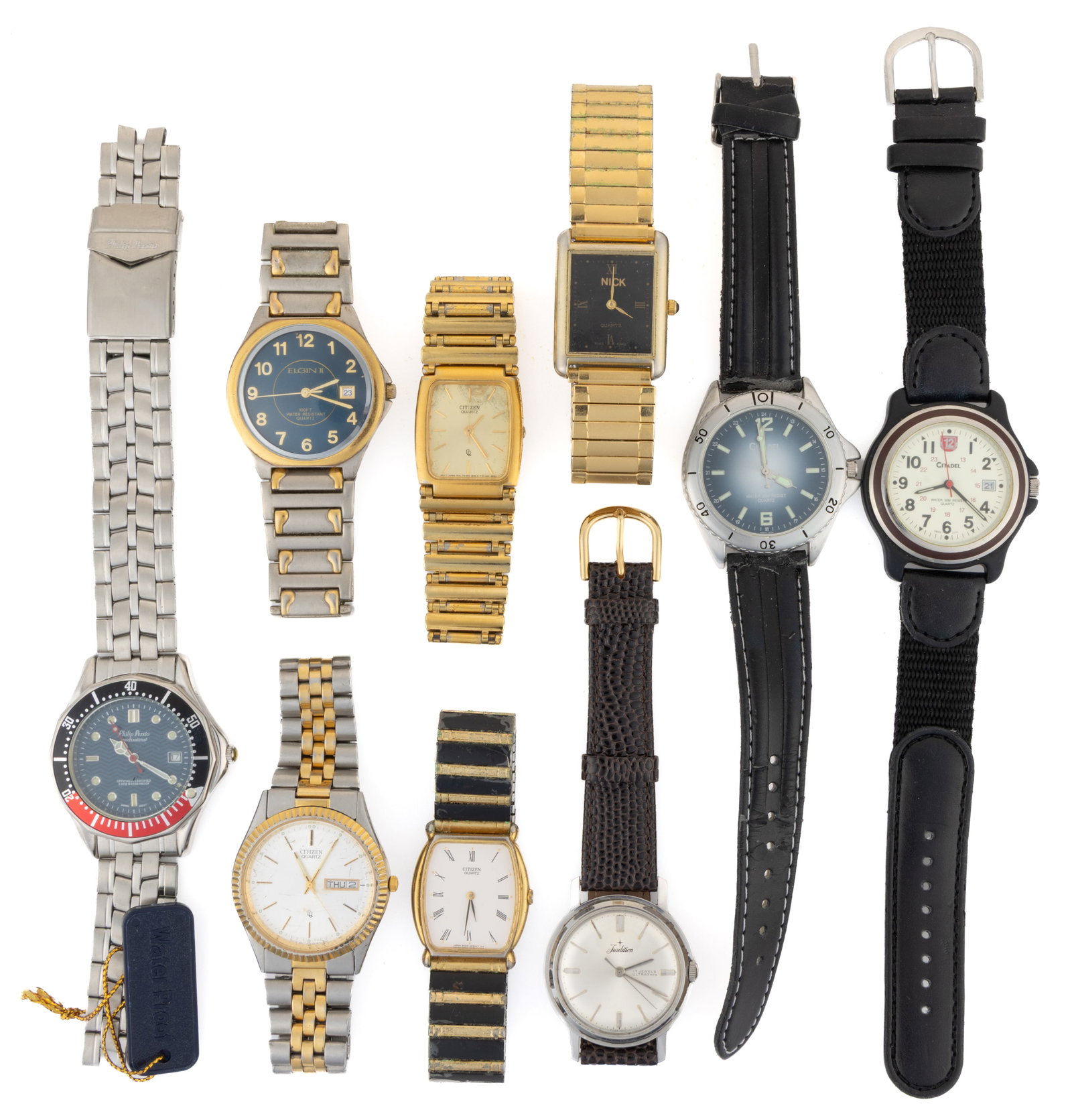 ASSORTED CONTEMPORARY MEN'S WRIST WATCHES, LOT OF NINE: ASSORTED CONTEMPORARY MEN'S WRIST WATCHES, LOT OF NINE, including one Elgin II, Philip Persio with "Pepsi" style dial, Tradition (by Sears), two Citadels, Nick, and three Citizens. Unabl