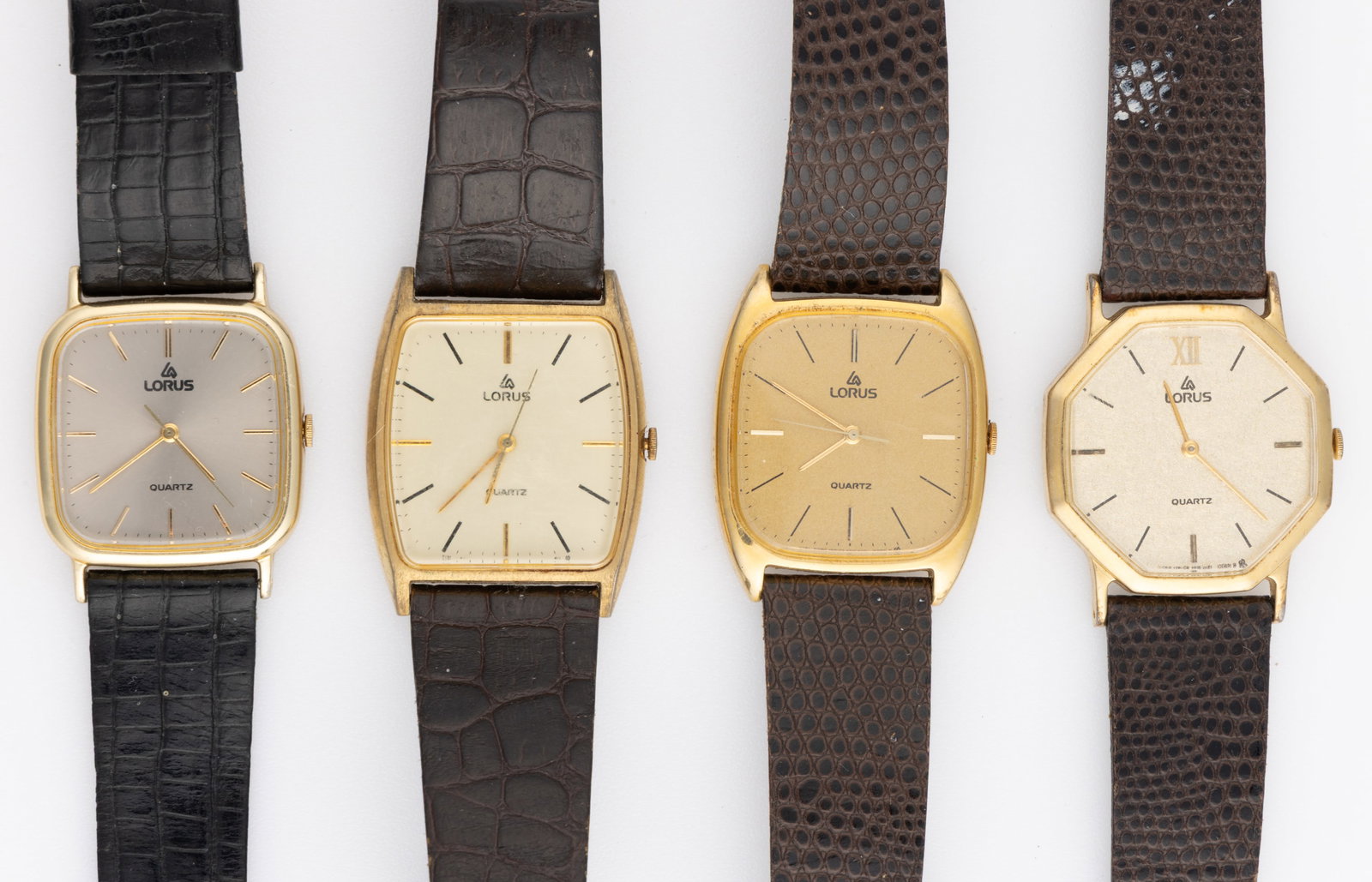 VINTAGE LORUS QUARTZ UNISEX WRIST WATCHES, LOT OF FOUR: VINTAGE LORUS QUARTZ UNISEX WRIST WATCHES, LOT OF FOUR, comprising Lorus Quartz Y130-5020, Y131-5000, Y131-5020, and Y131-5040, dials all marked "LORUS/QUARTZ" and back case marked "BAS