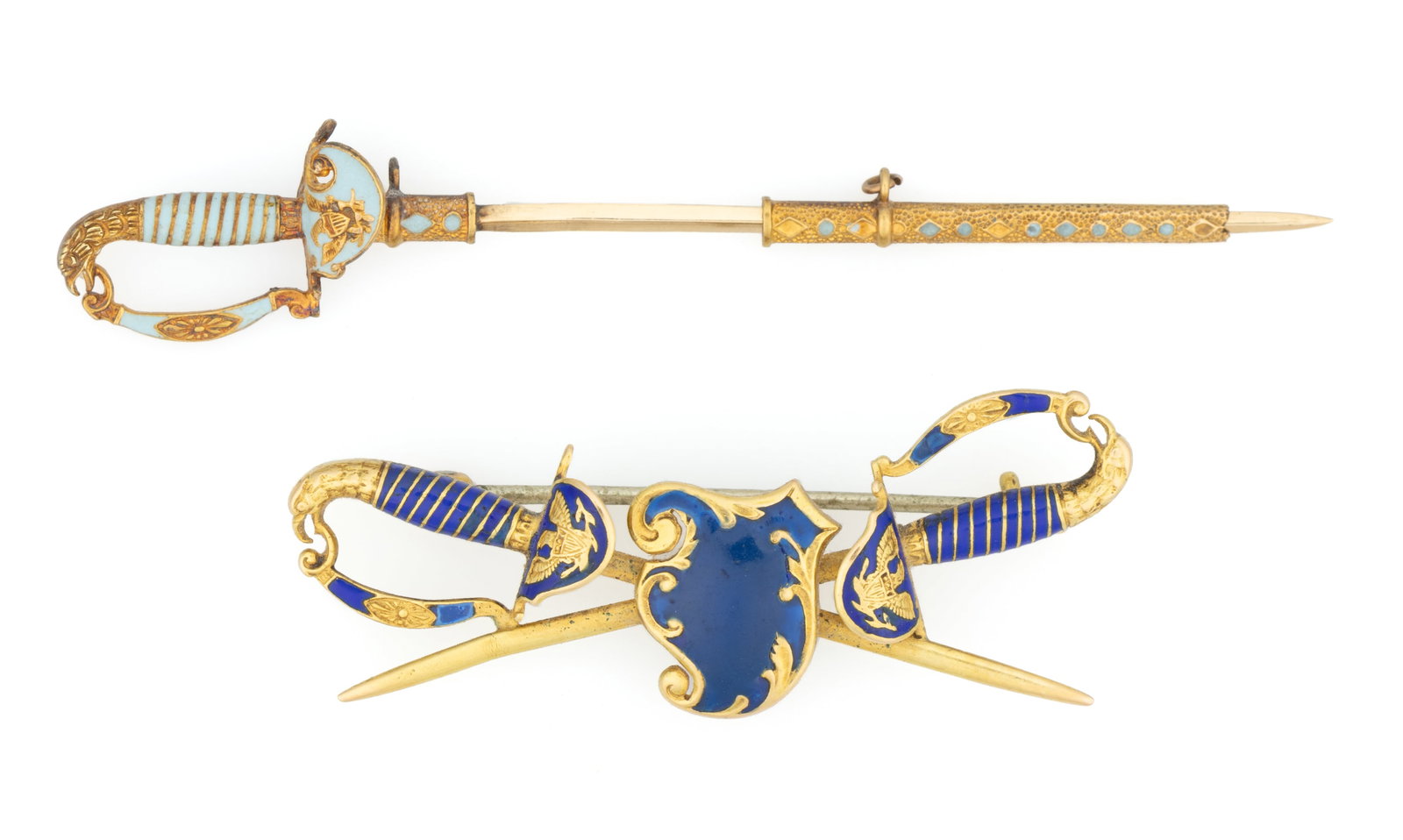 ANTIQUE 10K-14K AND 14K YELLOW GOLD AND ENAMEL SWORD FIGURAL JEWELRY, LOT OF TWO: ANTIQUE 10K-14K AND 14K YELLOW GOLD AND ENAMEL SWORD FIGURAL JEWELRY, LOT OF TWO, each sword with an eagle head pommel and a shield-chested American eagle to guard; comprising a tested 14K gold watch 
