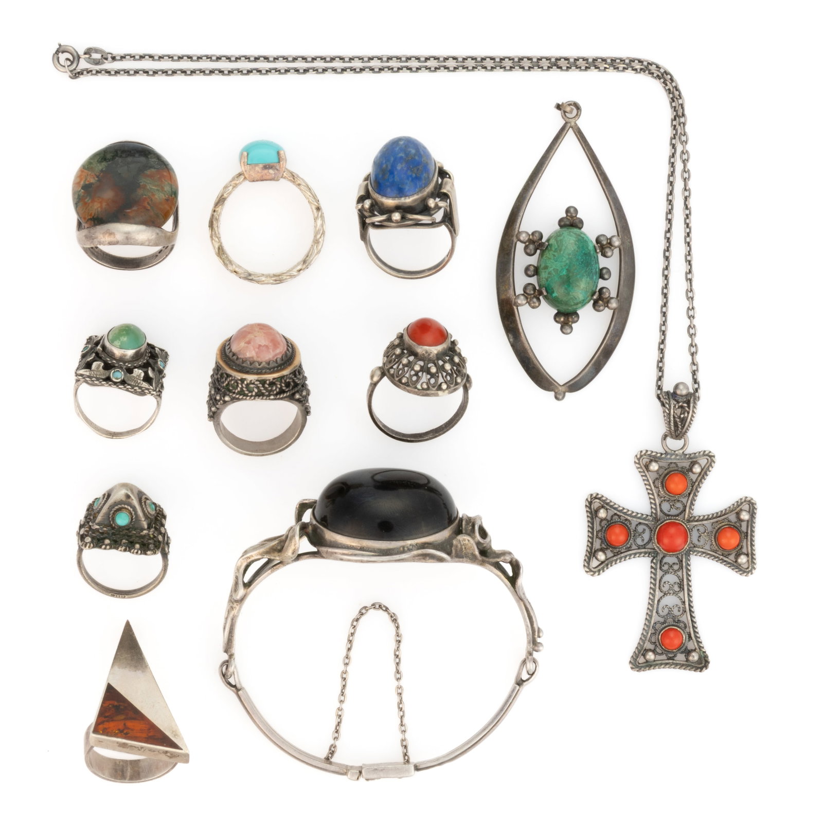 VINTAGE / CONTEMPORARY ASSORTED COUNTRIES STERLING, 0.800, AND OTHER SILVER JEWELRY, LOT OF 11 (1 of 2)