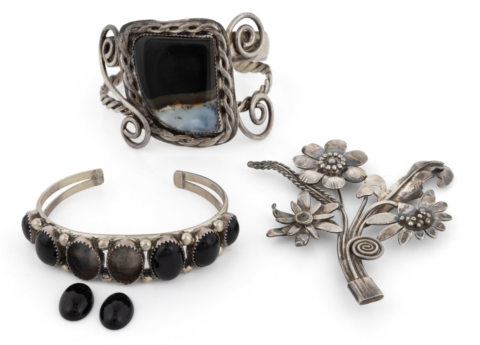 VINTAGE / CONTEMPORARY NATIVE AMERICAN NAVAJO AND OTHER STERLING SILVER JEWELRY, LOT OF THREE (1 of 2)
