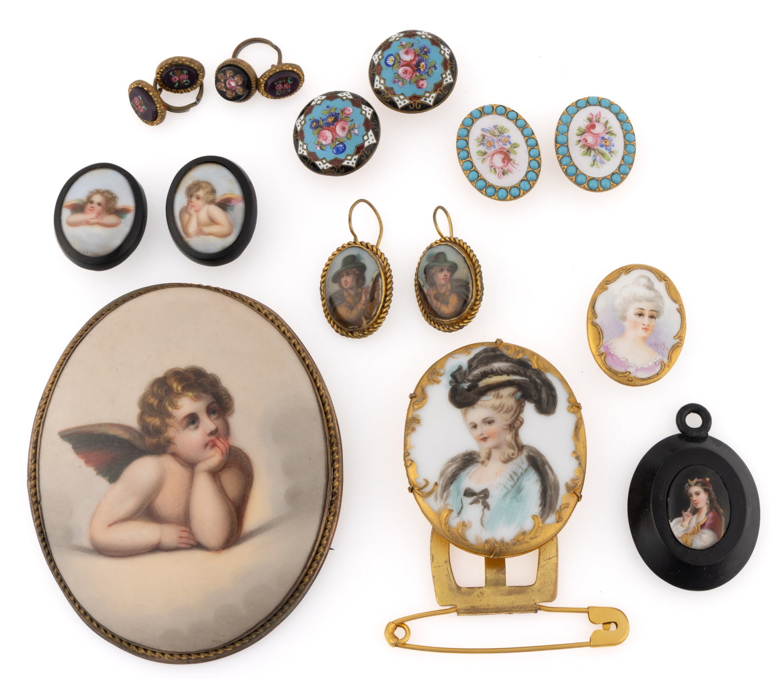 VICTORIAN / ANTIQUE PORCELAIN, ENAMEL, AND OTHER JEWELRY, LOT OF 16 PIECES (1 of 1)