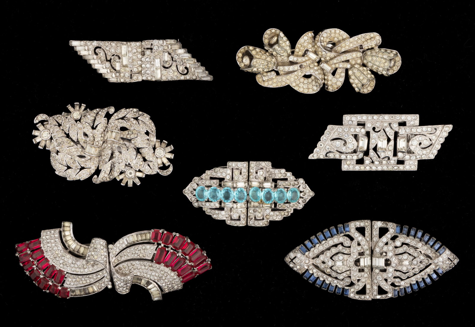 VINTAGE ART DECO AND OTHER RHINESTONE DRESS CLIP SETS, LOT OF SEVEN (1 of 1)