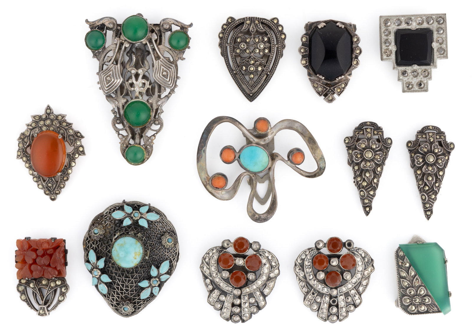 VINTAGE ART DECO AND OTHER STERLING AND SILVER-TONED DRESS CLIPS, LOT OF 13: VINTAGE ART DECO AND OTHER STERLING AND SILVER-TONED DRESS CLIPS, LOT OF 13, each piece having a hinged clip to back and set with a few to several stones or other materials; comprising a pair of 0.935