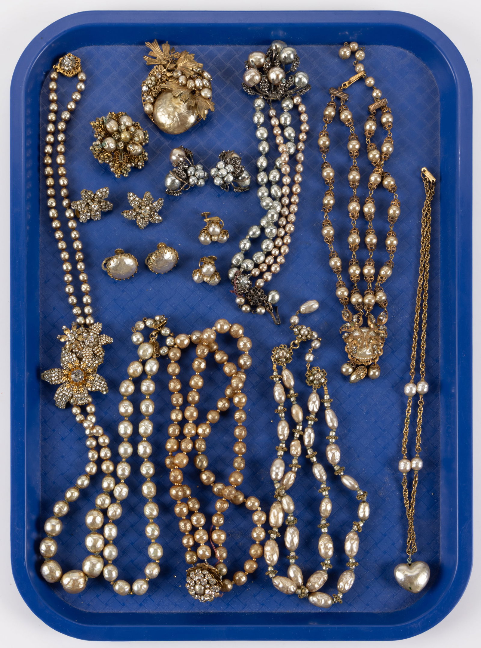 VINTAGE MIRIAM HASKELL RHINESTONE AND FAUX PEARL COSTUME JEWELRY, LOT OF 17 PIECES: VINTAGE MIRIAM HASKELL RHINESTONE AND FAUX PEARL COSTUME JEWELRY, LOT OF 17 PIECES, comprising a three-piece faux pearl ensemble of a necklace and a pair of clip-on earrings featuring cut-steel beads;