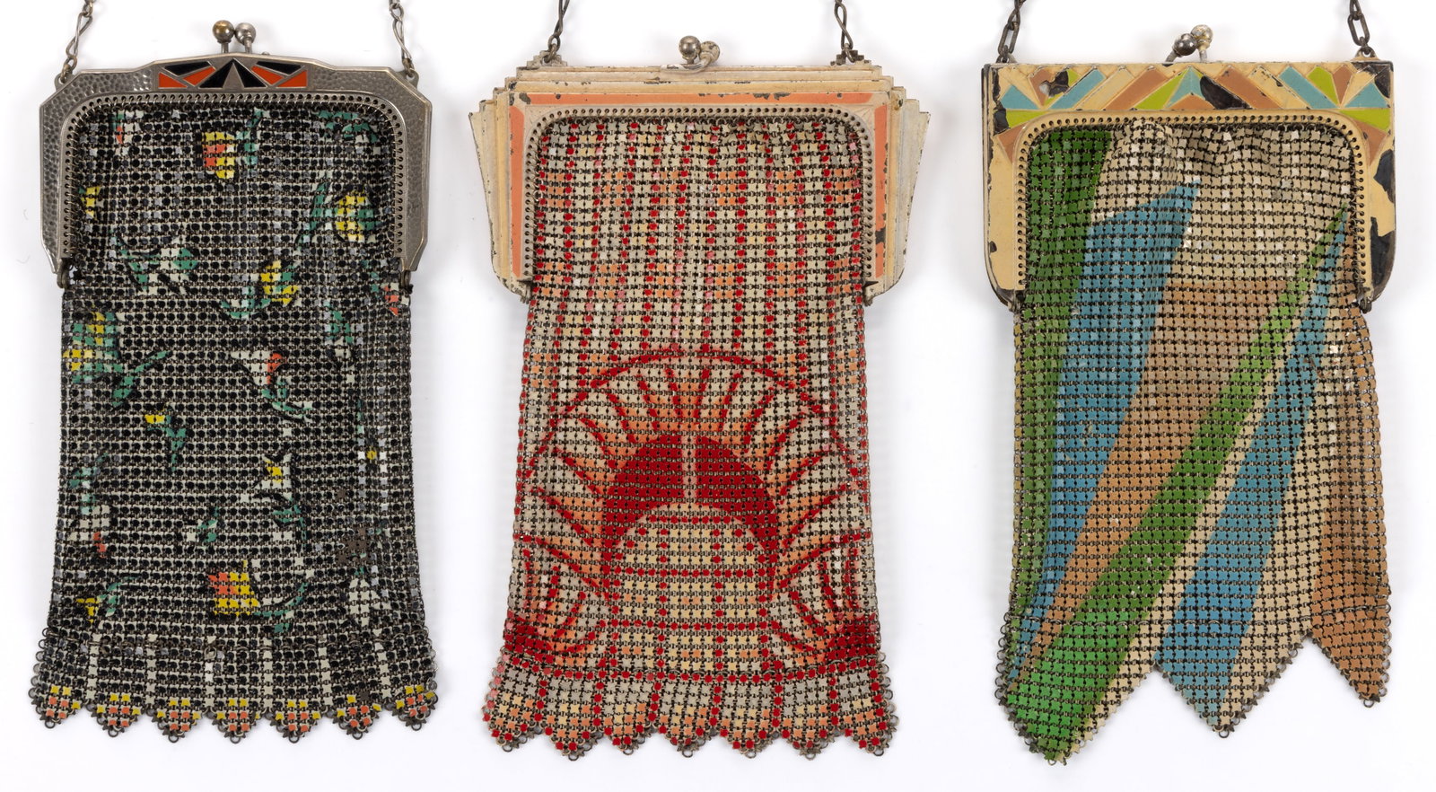 ANTIQUE / VINTAGE WHITING & DAVIS ART DECO METAL MESH PURSES, LOT OF THREE: ANTIQUE / VINTAGE WHITING & DAVIS ART DECO METAL MESH PURSES, LOT OF THREE, each having polychrome enamel decoration including on hinged frame, suspended from a chain strap, comprising one with fl