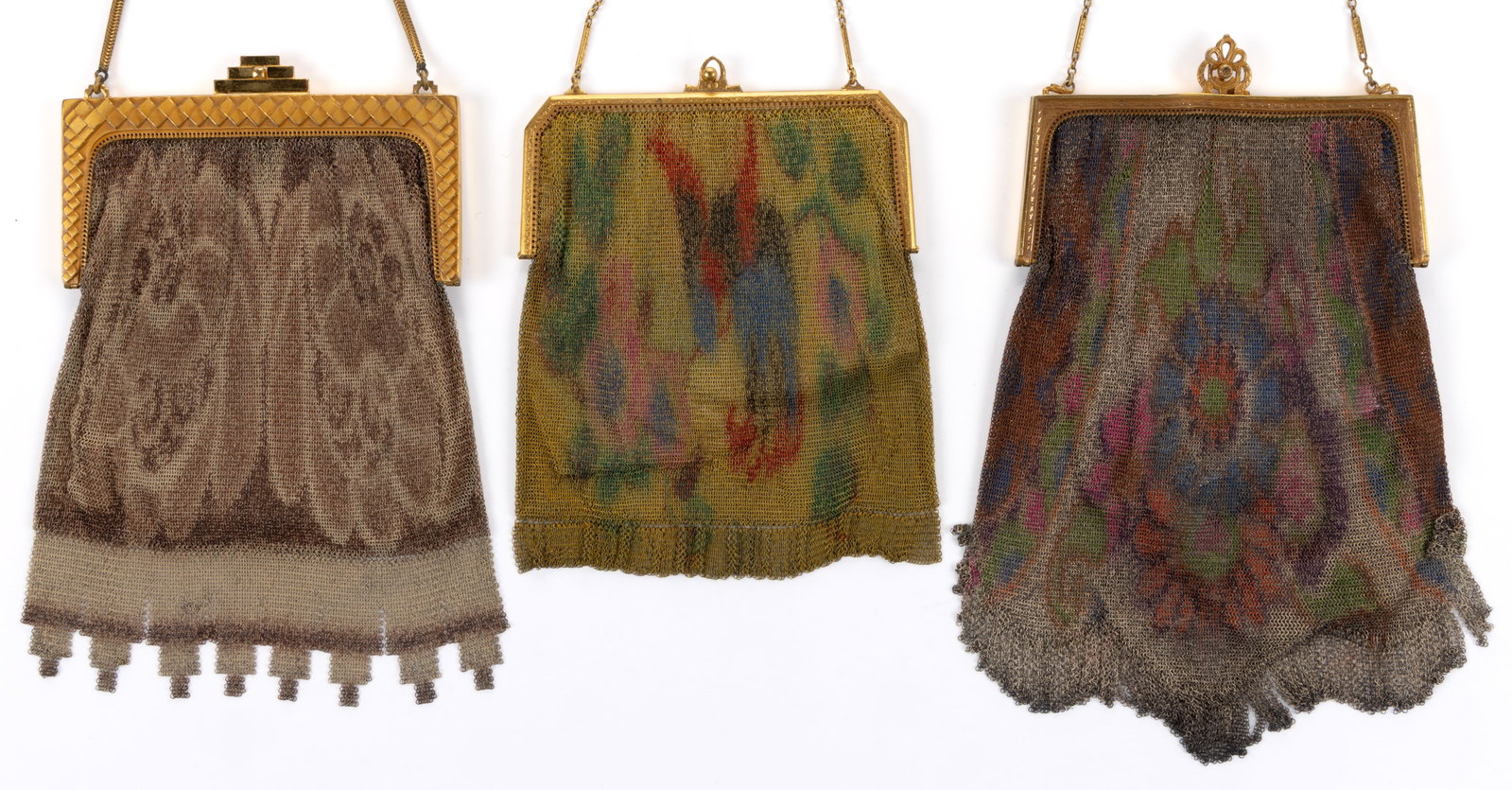 ANTIQUE / VINTAGE WHITING & DAVIS ART DECO DRESDEN METAL MESH PURSES, LOT OF THREE: ANTIQUE / VINTAGE WHITING & DAVIS ART DECO DRESDEN METAL MESH PURSES, LOT OF THREE, each having polychrome enamel watercolor-esque decoration, featuring a gold-toned hinged frame and chain strap w
