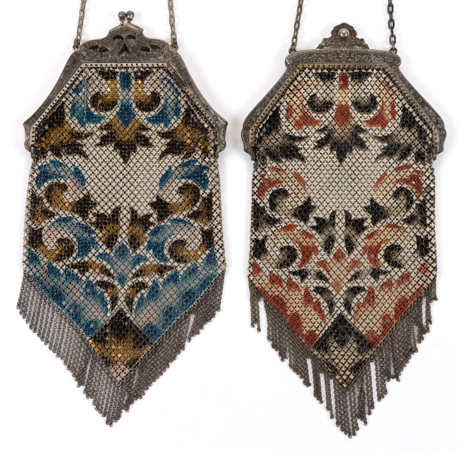 ANTIQUE / VINTAGE MANDALIAN ART DECO METAL MESH PURSES, LOT OF TWO: ANTIQUE / VINTAGE MANDALIAN ART DECO METAL MESH PURSES, LOT OF TWO, each having polychrome enamel decoration with a slightly different color scheme to each side, featuring foliate designs and a silver
