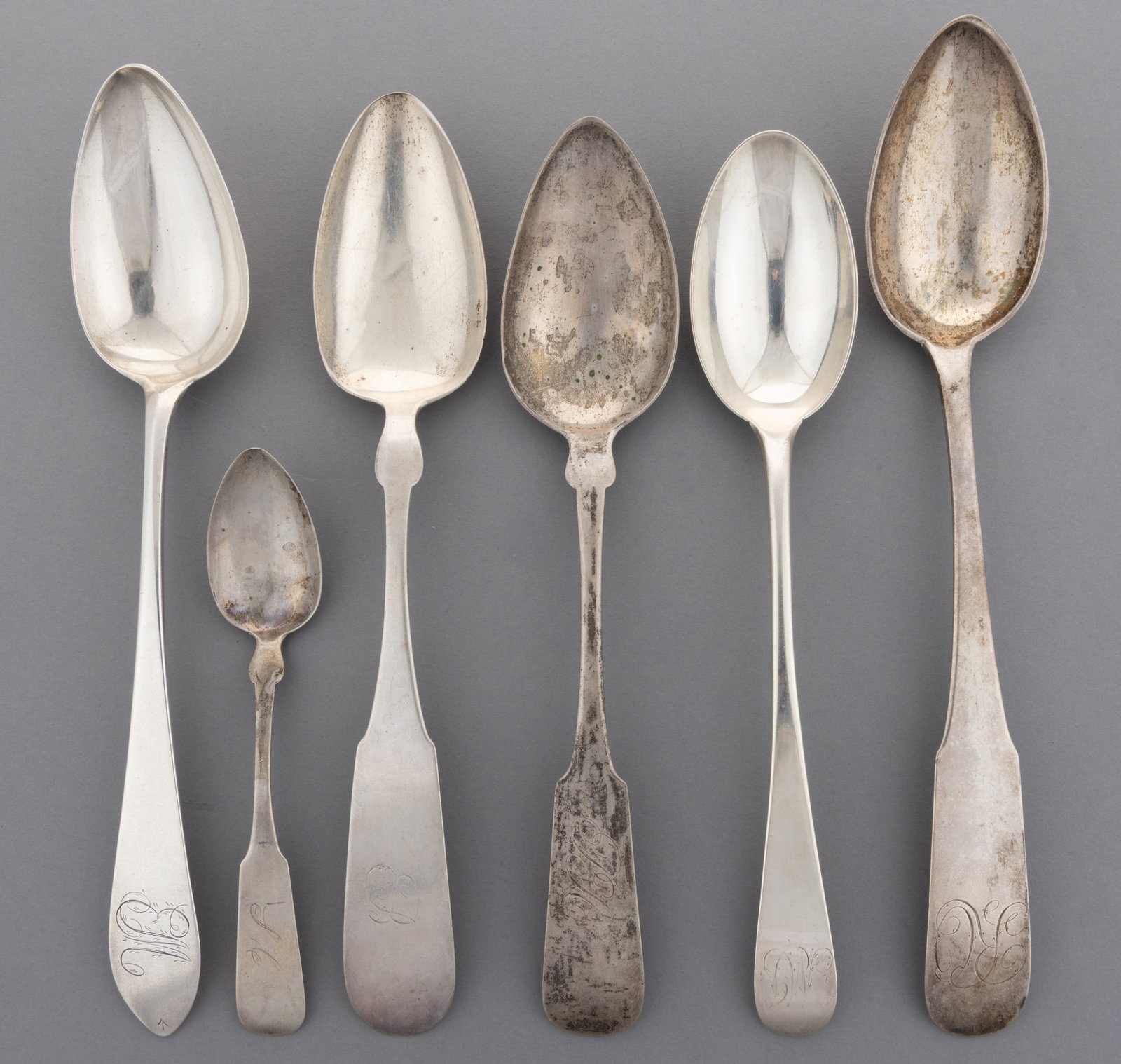 NEW ENGLAND AND PENNSYLVANIA COIN SILVER SPOONS, LOT OF SIX: NEW ENGLAND AND PENNSYLVANIA COIN SILVER SPOONS, LOT OF SIX, each with a personalized engraving to handle; comprising a tablespoon by Joseph & Nathaniel Richardson of Philadelphia, PA (active 1777