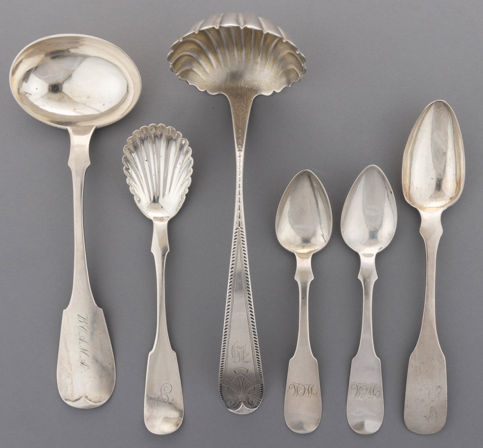 PHILADELPHIA, PENNSYLVANIA COIN SILVER SPOONS AND LADLES, LOT OF SIX (1 of 2)