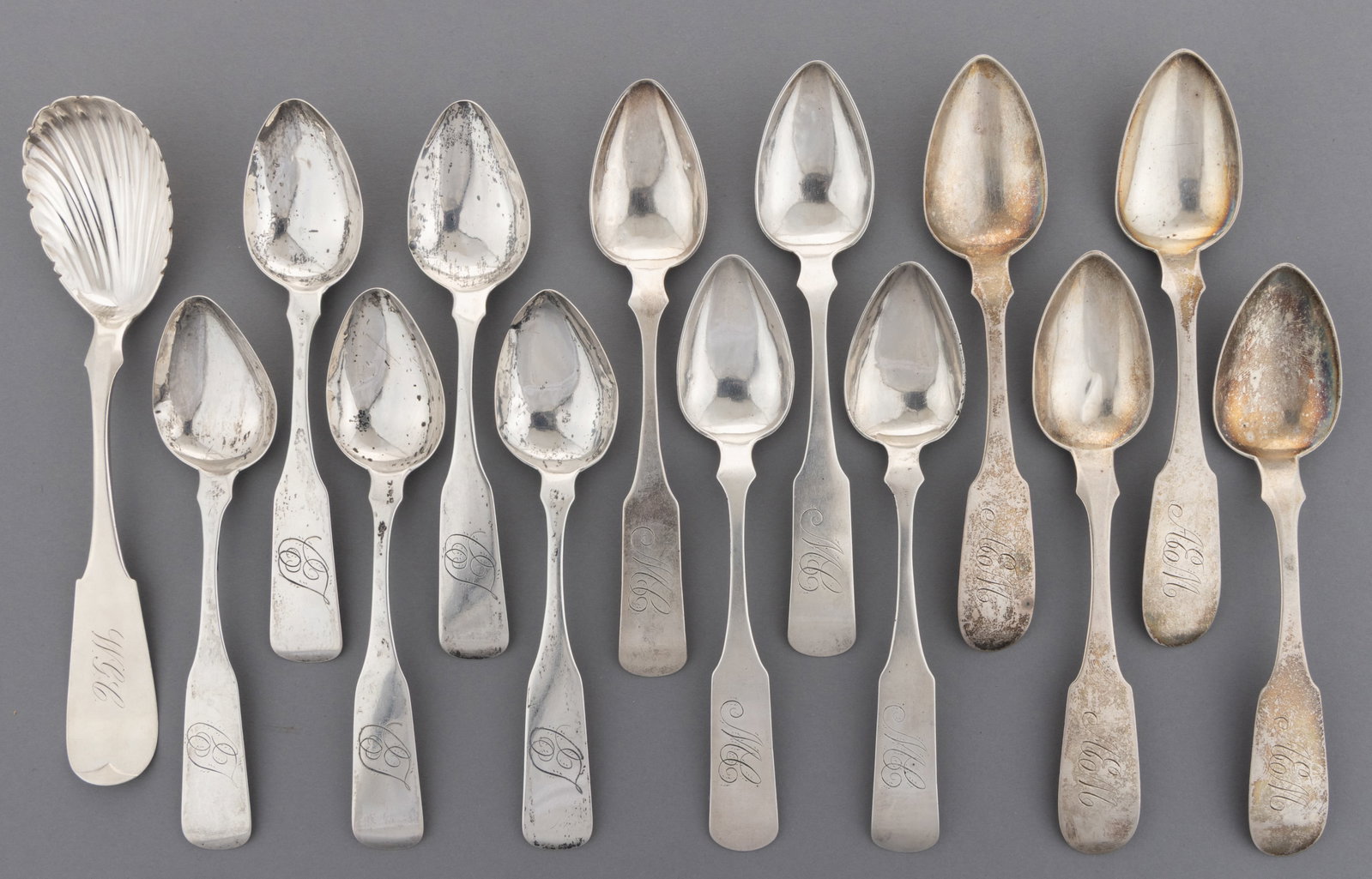 SAMUEL / S. & E. ROBERTS, TRENTON, NEW JERSEY MADE / RETAILED COIN SILVER SPOONS, LOT OF 14 (1 of 2)