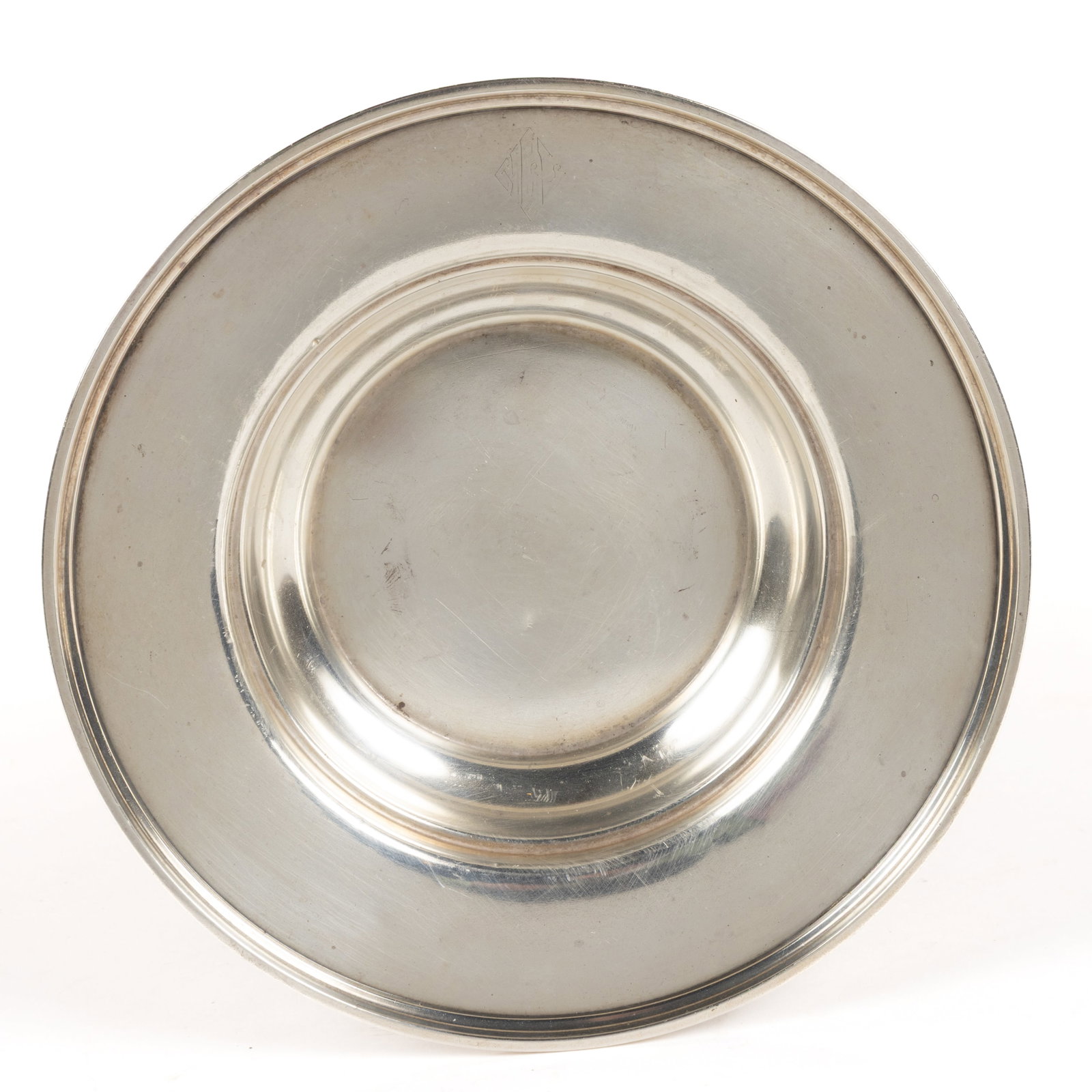 S. KIRK & SON "CALVERT" STERLING SILVER BUTTER, OR OTHER, DISH: S. KIRK & SON "CALVERT" STERLING SILVER BUTTER, OR OTHER, DISH, round form with plain design and engraved "NLL" initials to shoulders, having a ridge around the center of the s