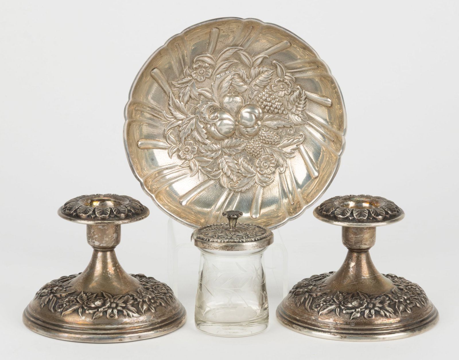 S. KIRK & SON "REPOUSSE" STERLING SILVER ARTICLES AND 150TH ANNIVERSARY PAMPHLET, LOT OF FIVE (1 of 1)