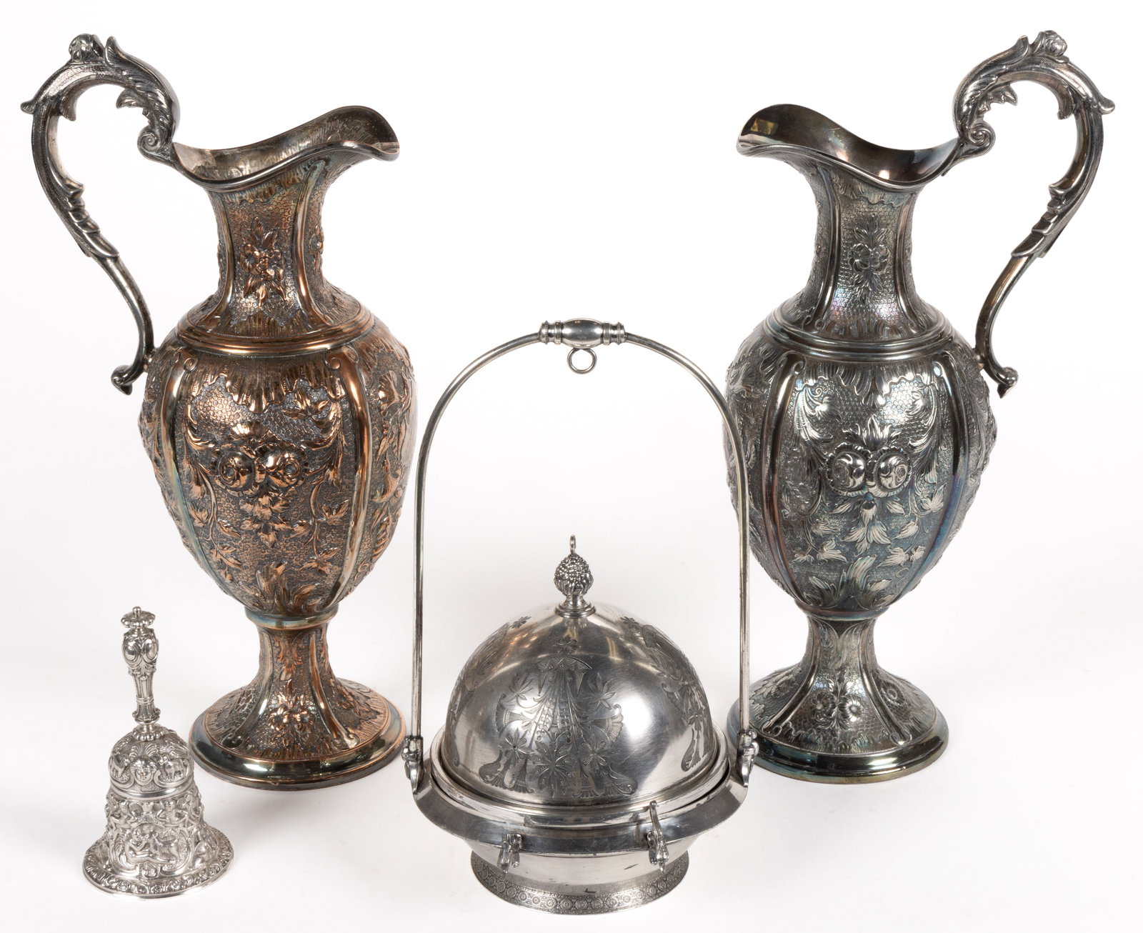GORHAM AND OTHER SILVER-PLATED ARTICLES, LOT OF FOUR: GORHAM AND OTHER SILVER-PLATED ARTICLES, LOT OF FOUR, comprising an "Old Florentine Bell" by the Gorham Co. / Mfg. Co. of Providence, RI having ornate raised decoration including figures, an