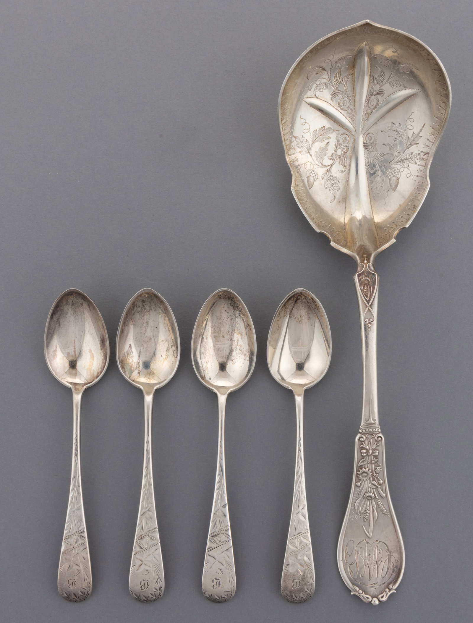 DURGIN AND OTHER ENGRAVED-DECORATED STERLING SILVER SPOONS, LOT OF FIVE (1 of 2)