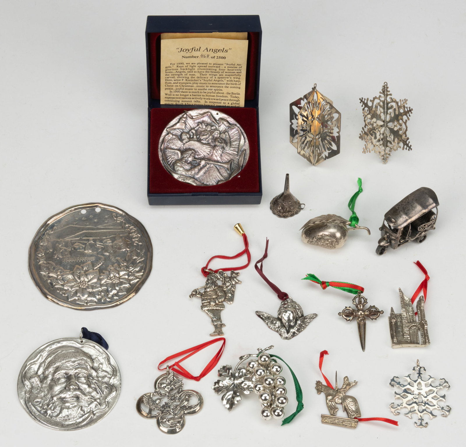 ASSORTED STERLING AND SILVER-LIKE CHRISTMAS ORNAMENTS AND OTHER ARTICLES, LOT OF 16 (1 of 1)