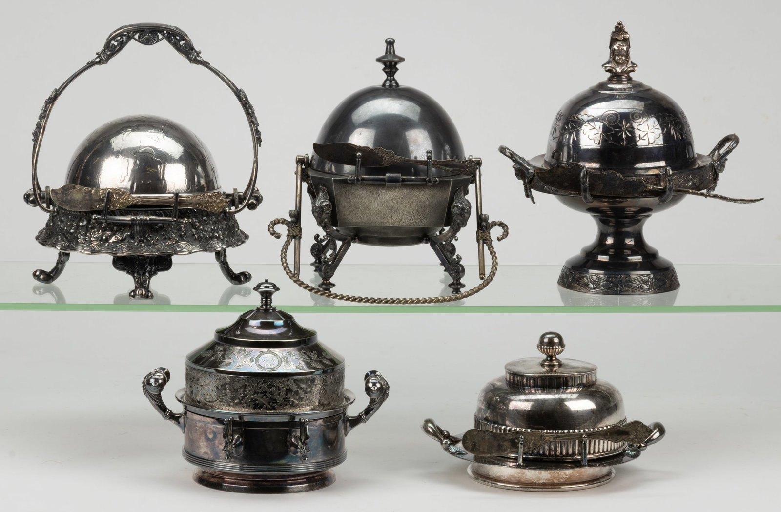 REED & BARTON AND OTHER SILVER-PLATED COVERED / LIDDED BUTTER DISHES, LOT OF FIVE (1 of 1)