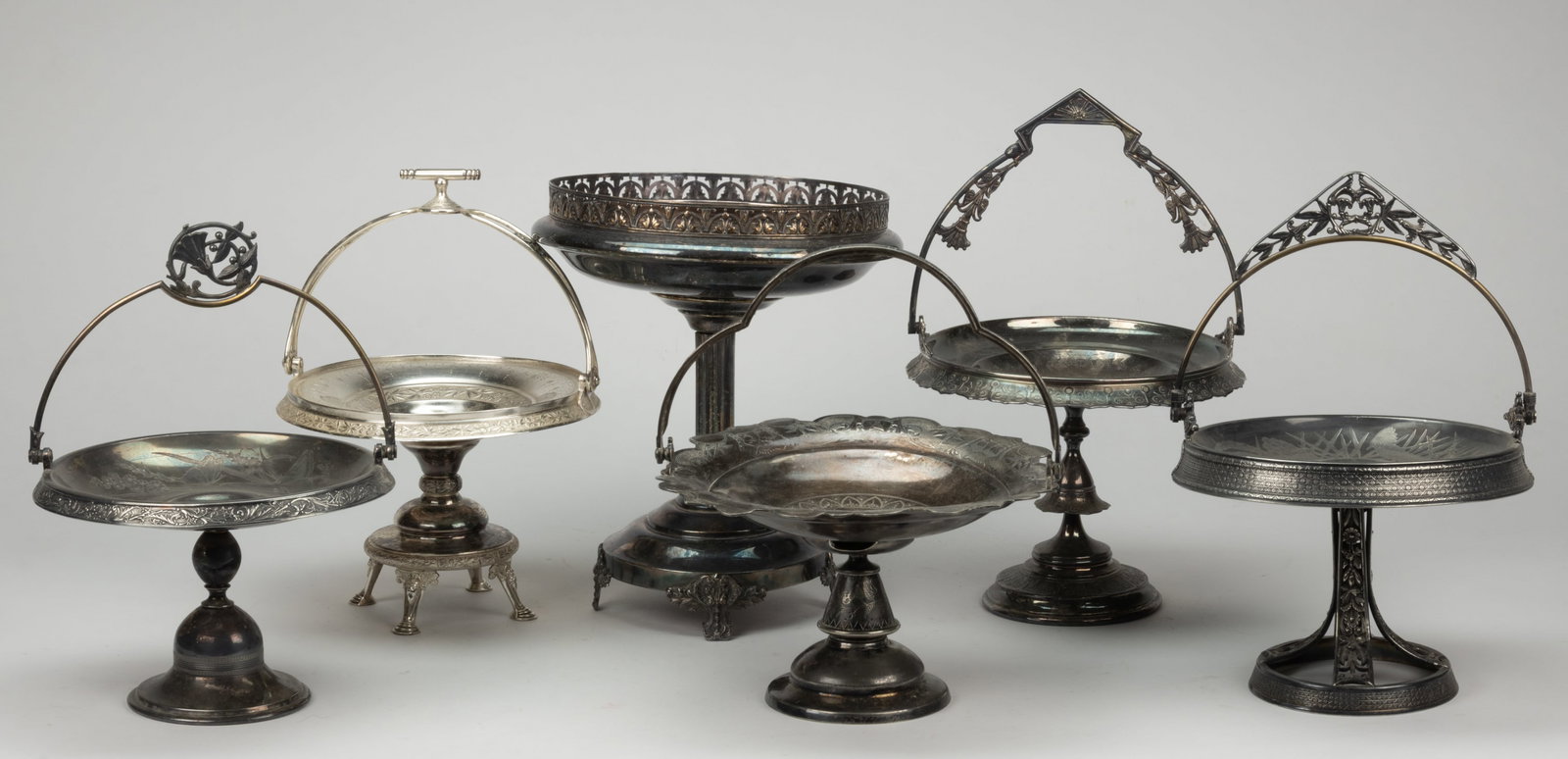 MERIDEN BRITANNIA AND OTHER SILVER-PLATED COMPOTES / PEDESTAL BASKETS AND CENTERPIECE, LOT OF SIX (1 of 1)