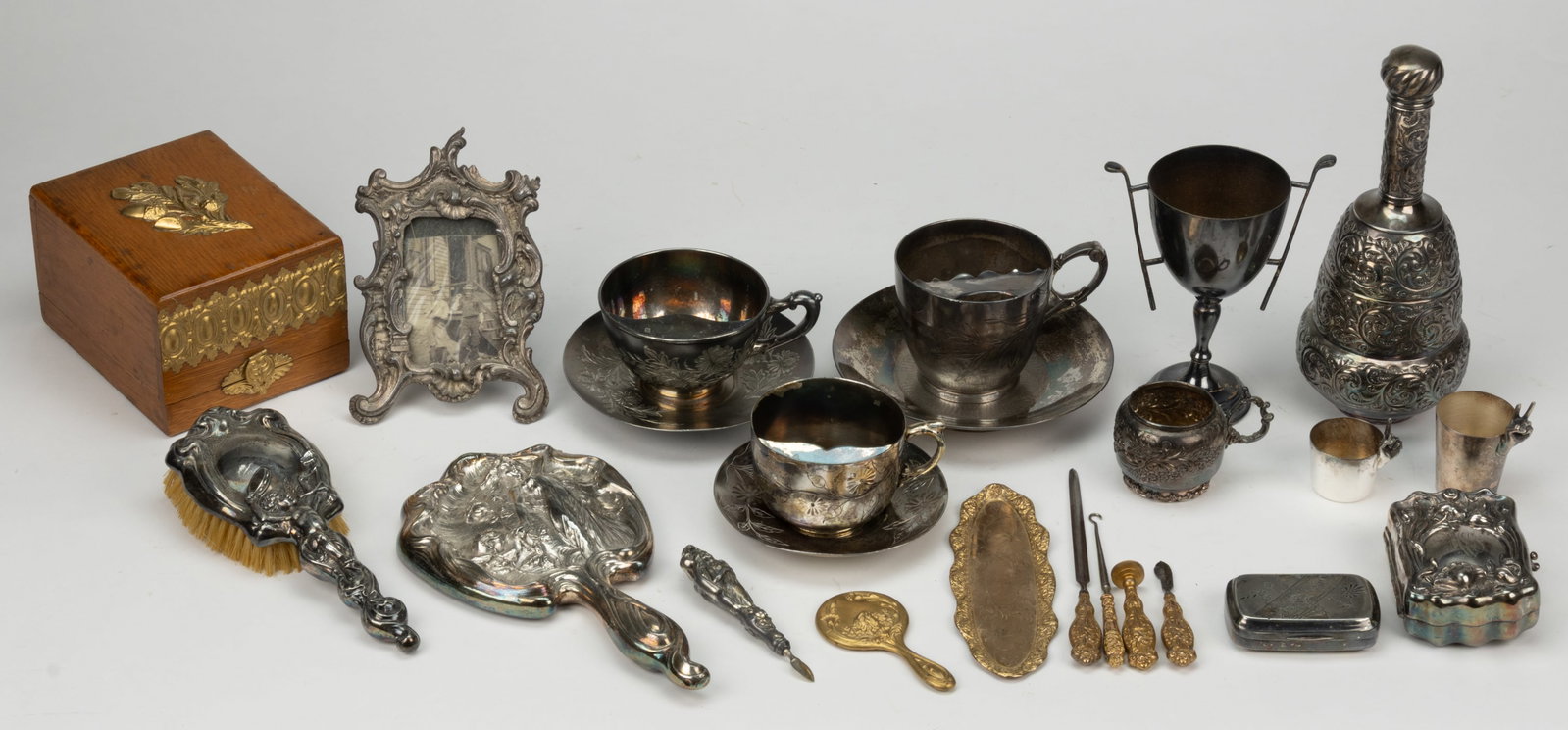 ASSORTED SILVER-PLATED / GOLD-TONED DRINKING, DRESSER / VANITY, AND OTHER ARTICLES, LOT OF 24 (1 of 1)