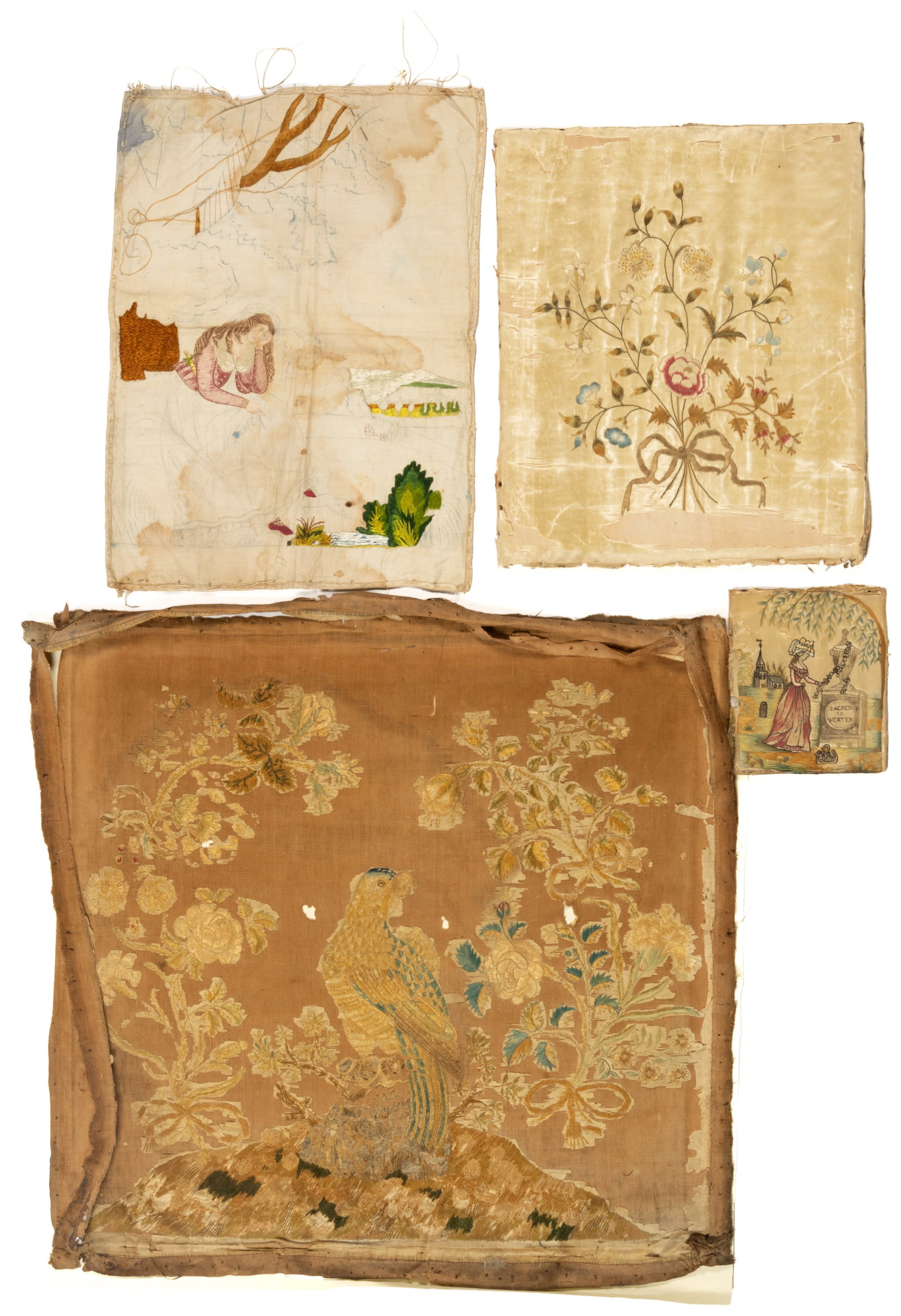 AMERICAN / BRITISH SILK-EMBROIDERED NEEDLEWORK PICTURES, LOT OF FOUR: AMERICAN / BRITISH SILK-EMBROIDERED NEEDLEWORK PICTURES, LOT OF FOUR, each silk on silk / linen; comprising the largest attributed to Jane Herbert possibly of Portsmouth, VA, also having chenille, dep